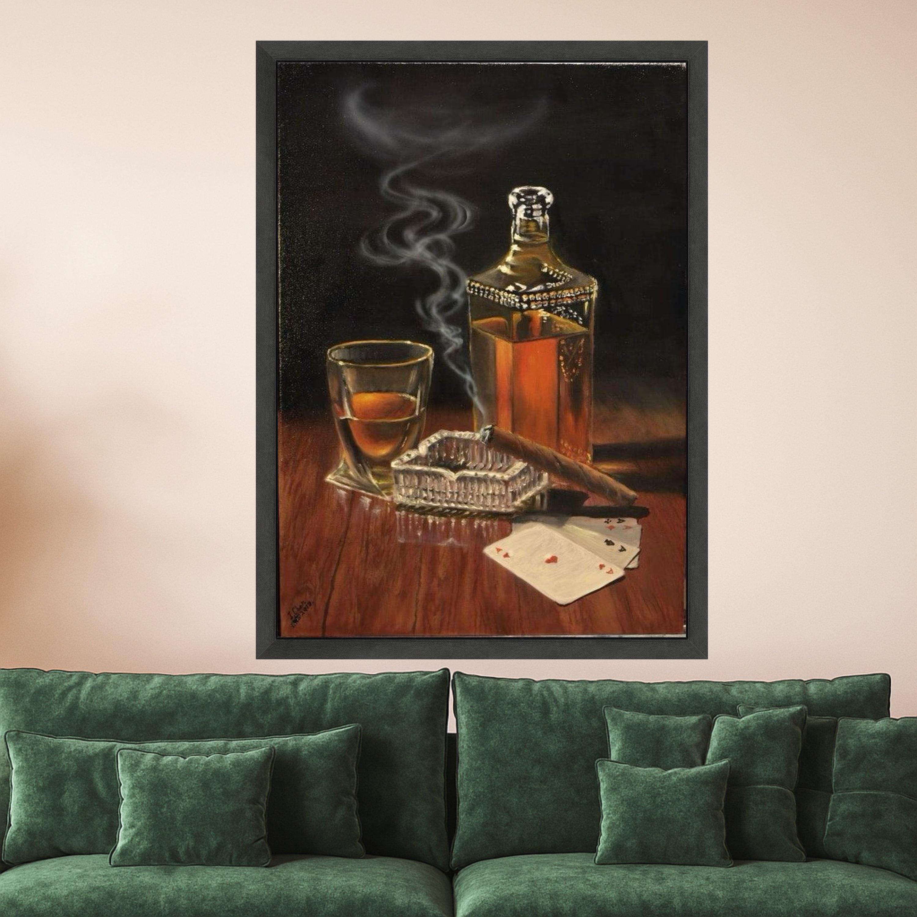 Classic Whiskey and Cigar Still Life Canvas, Vintage Liquor Bottle Wall Art, Smoking Cigar with Playing Cards, Rustic Bar Ready To Hang,
