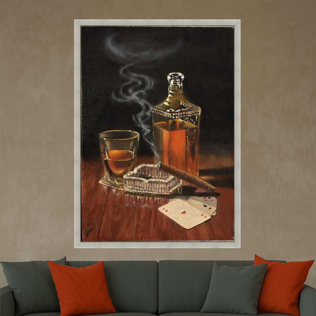 Classic Whiskey and Cigar Still Life Canvas, Vintage Liquor Bottle Wall Art, Smoking Cigar with Playing Cards, Rustic Bar Ready To Hang,