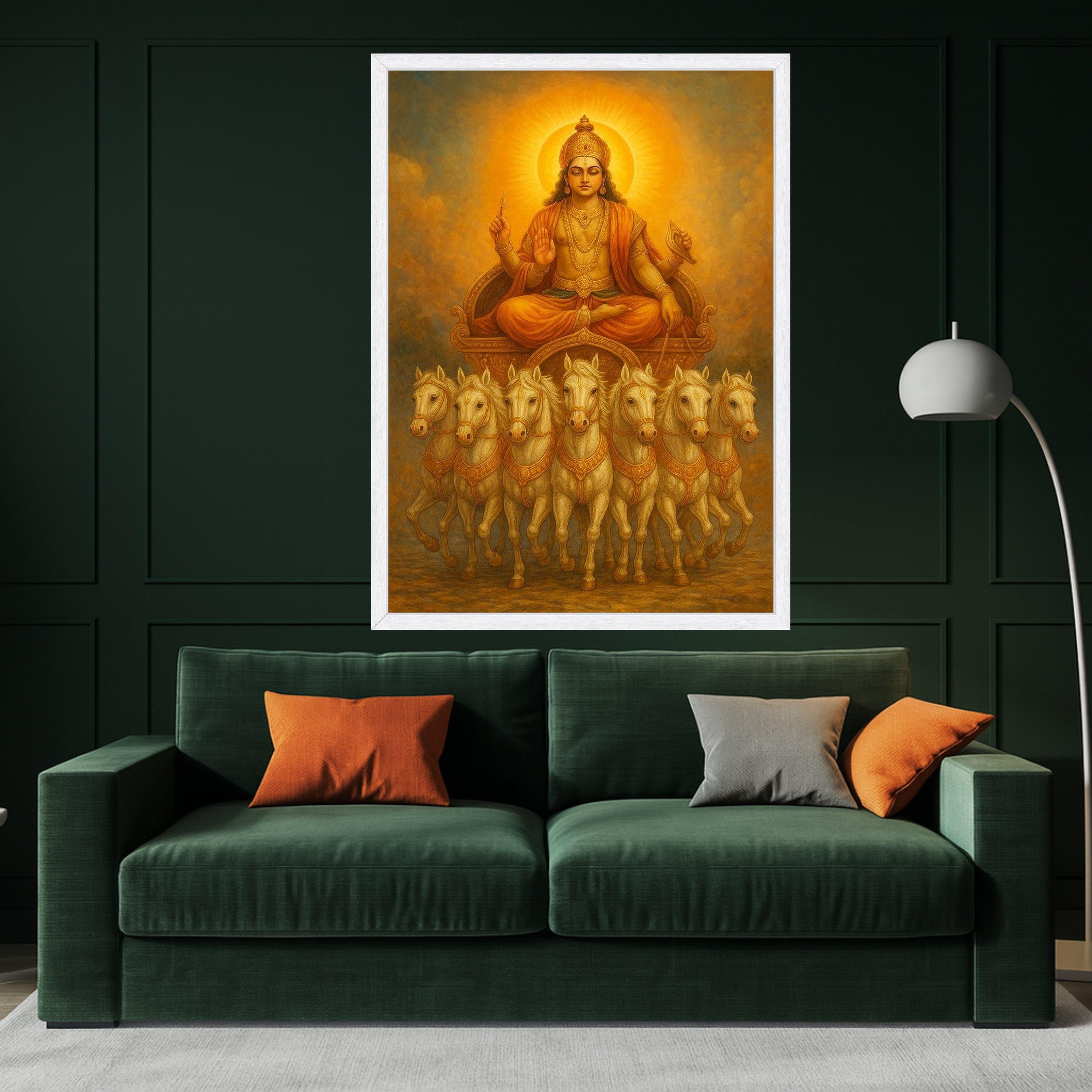 Hindu Sun God Surya Canvas, Spiritual Chariot Wall Art, Mythological Indian Art, Golden Divine Decoration, Meditation Home Ready To Hang,