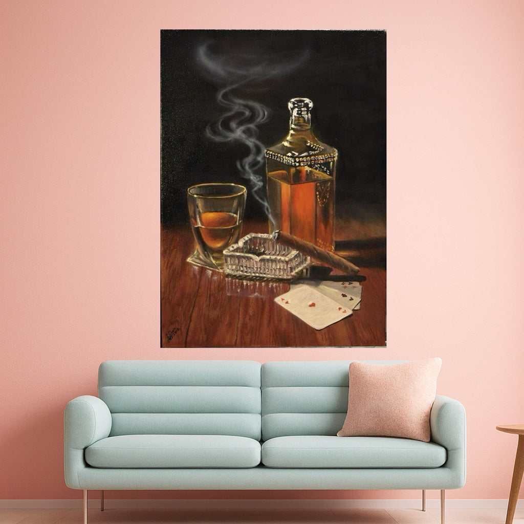 Classic Whiskey and Cigar Still Life Canvas, Vintage Liquor Bottle Wall Art, Smoking Cigar with Playing Cards, Rustic Bar Ready To Hang,