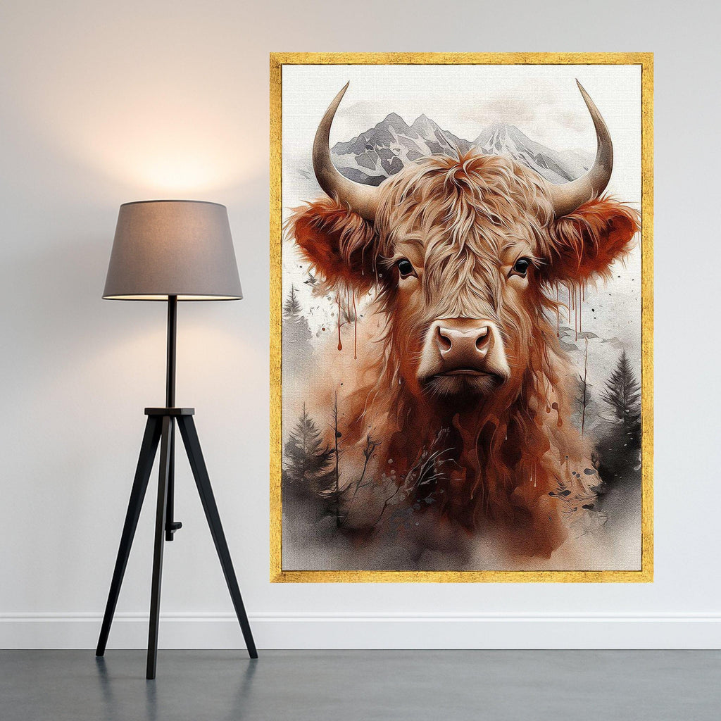 Highland Cow Portrait Canvas, Rustic Animal Wall Art, Mountain Landscape Print, Nature Wildlife Decor, Modern Farmhouse Ready To Hang,