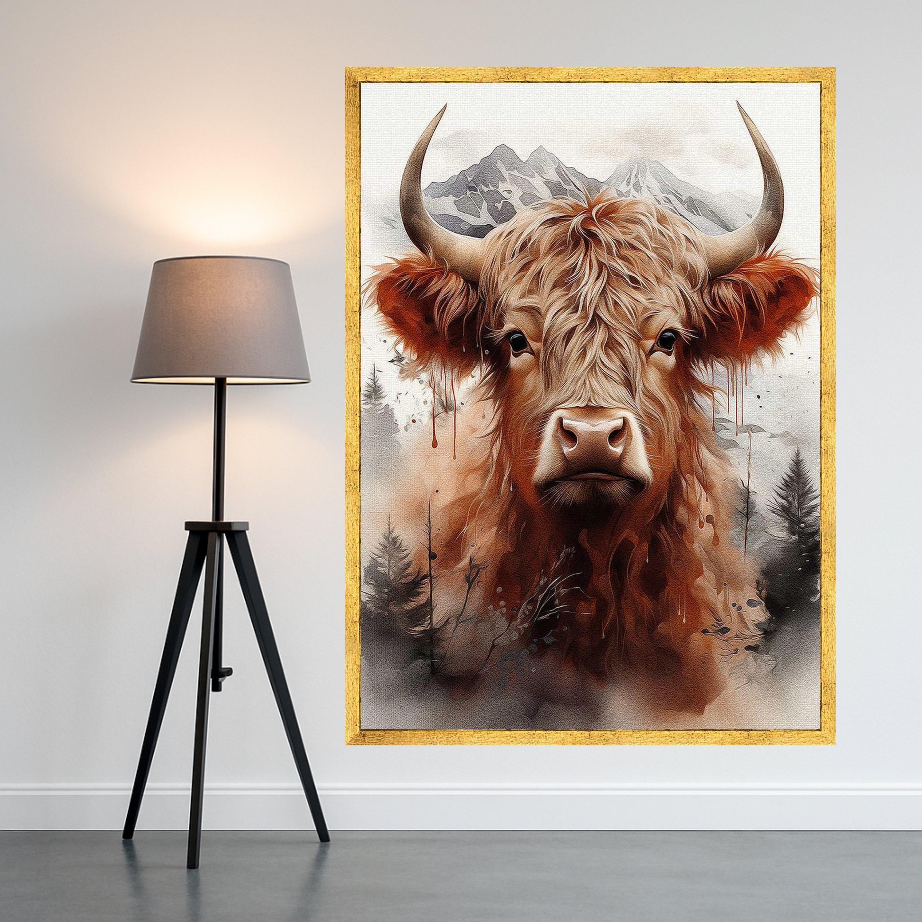 Highland Cow Portrait Canvas, Rustic Animal Wall Art, Mountain Landscape Print, Nature Wildlife Decor, Modern Farmhouse Ready To Hang,