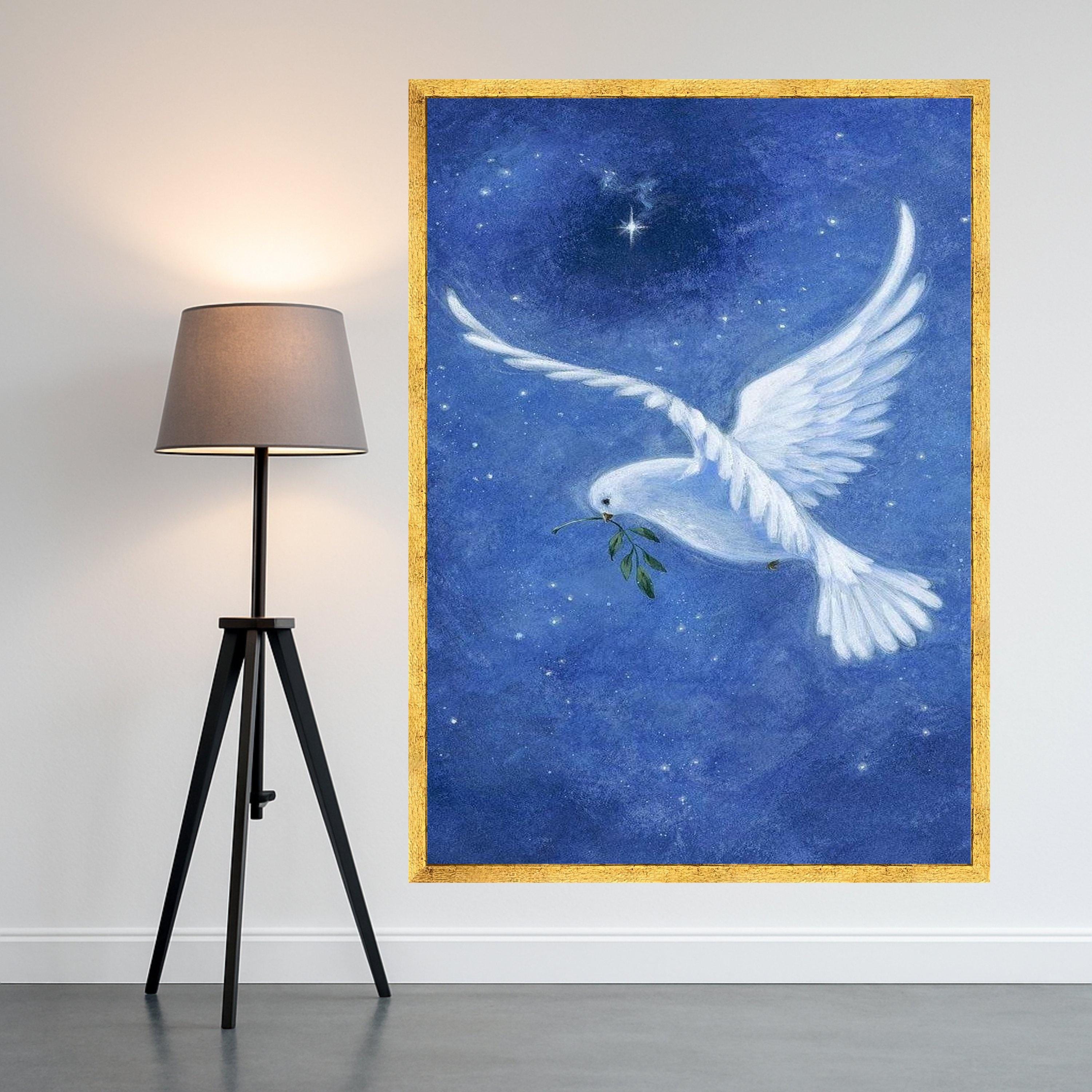 White Dove with Olive Branch Canvas, Peace Symbol Wall Art, Night Sky Canvas, Spiritual Bird Decoration, Serenity Home Décor Ready To Hang,