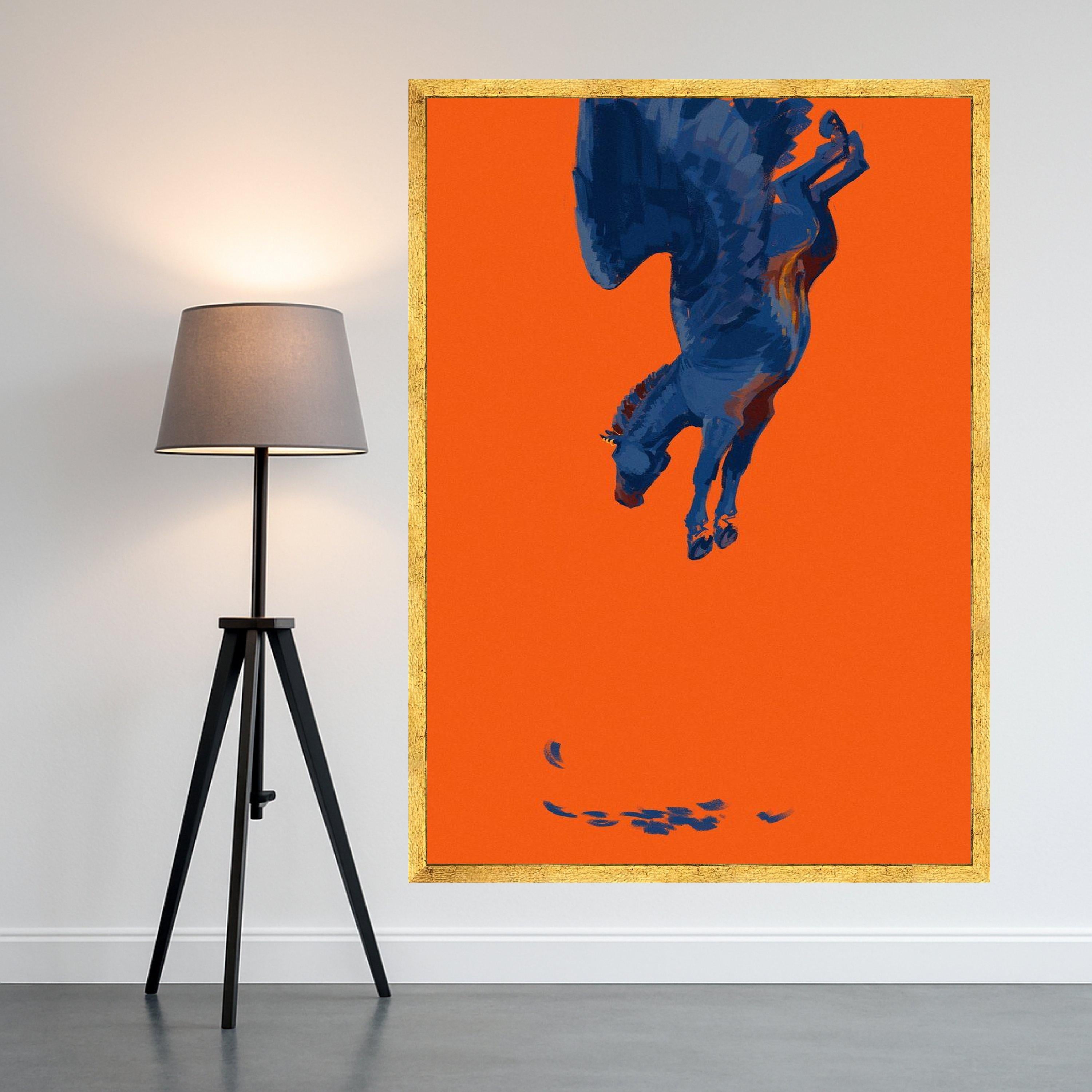 Surreal Blue Pegasus Canvas Art, Mythical Winged Horse Painting, Fantasy Animal Wall Decor, Modern Orange Background Canvas, Ready To Hang,