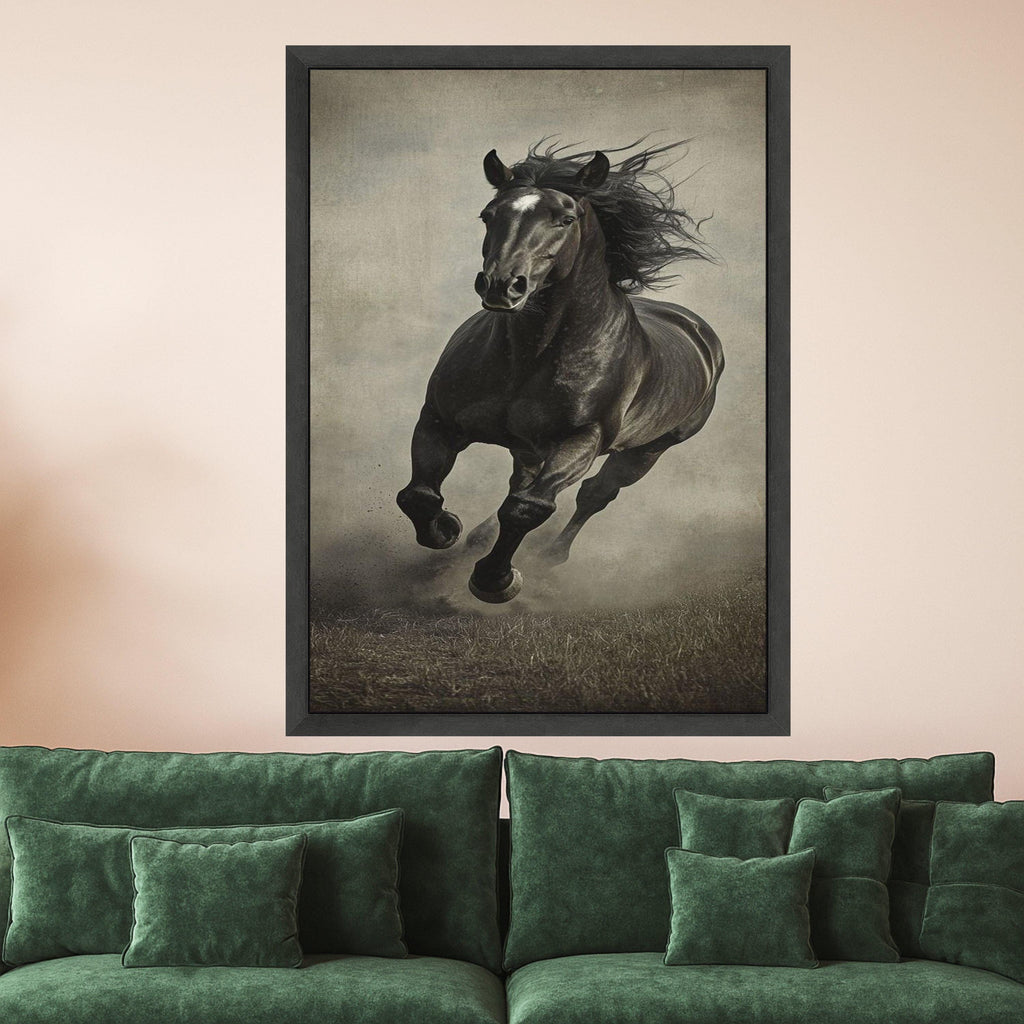 Majestic Black Stallion Running Canvas, Equestrian Wall Art, Horse Galloping Canvas, Rustic Animal Portrait, Home Decor Ready To Hang,