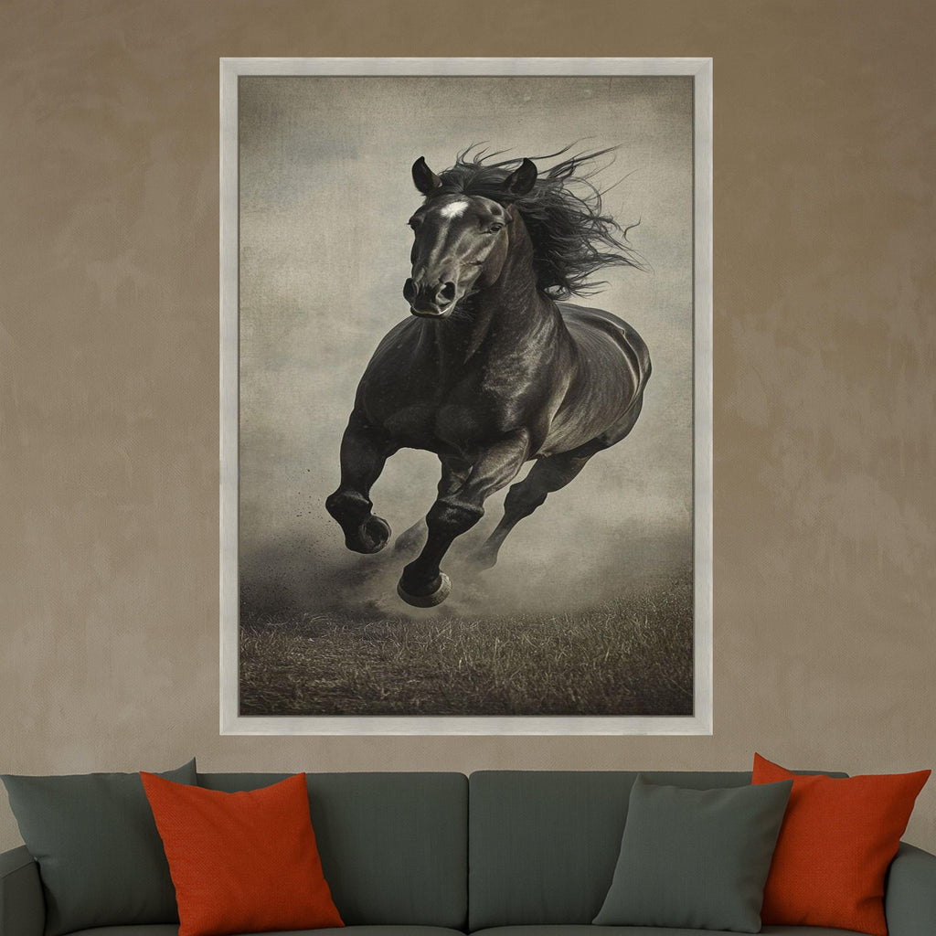 Majestic Black Stallion Running Canvas, Equestrian Wall Art, Horse Galloping Canvas, Rustic Animal Portrait, Home Decor Ready To Hang,