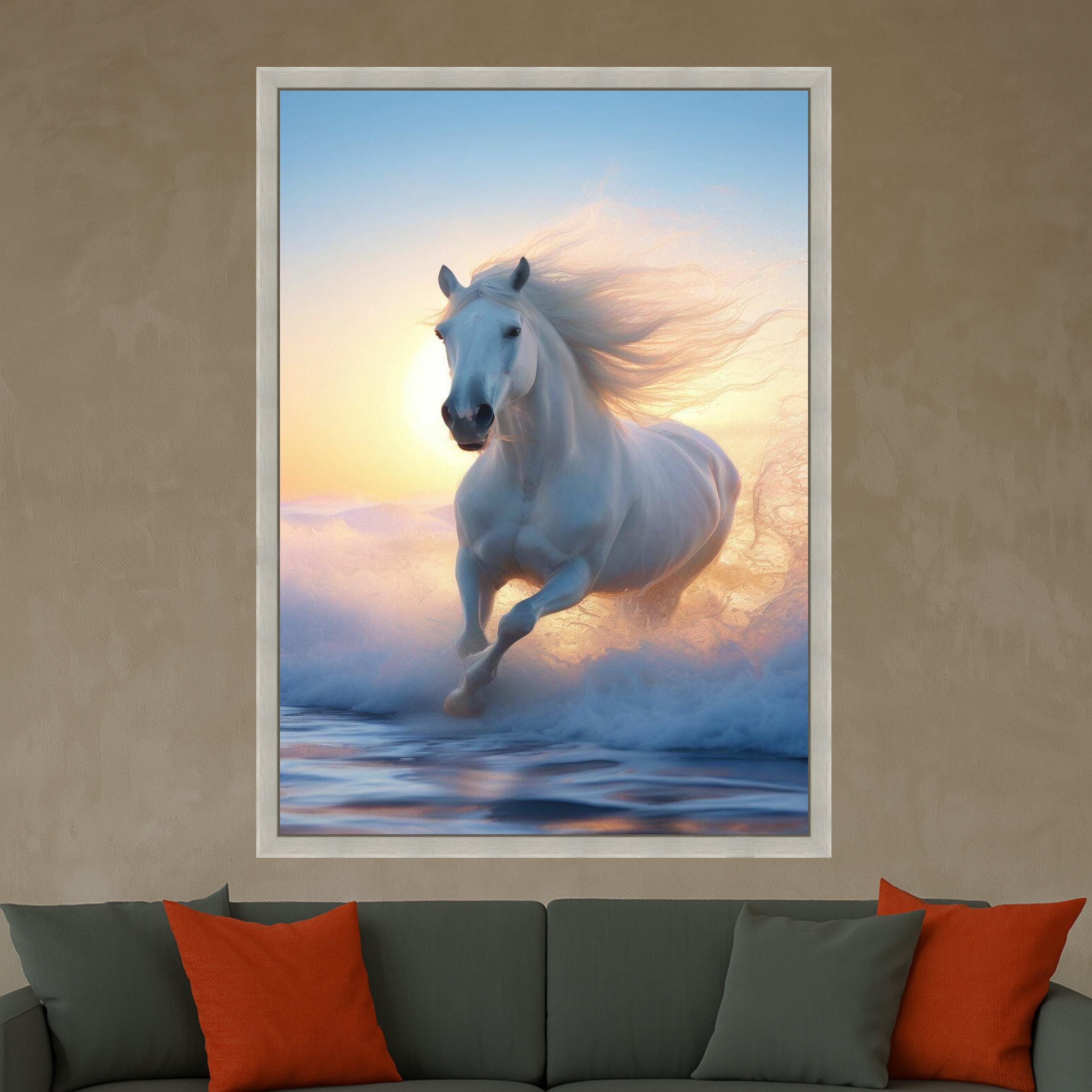Majestic White Horse Running, Ocean Waves Canvas, Sunset Beach Wall Art, Equestrian Nature Canvas, Dynamic Animal Canvas, Ready To Hang,