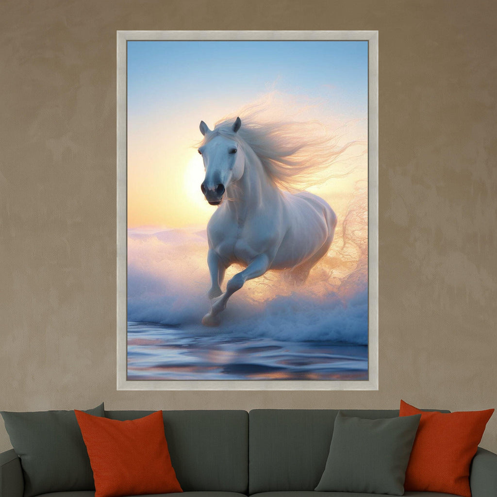 Majestic White Horse Running, Ocean Waves Canvas, Sunset Beach Wall Art, Equestrian Nature Canvas, Dynamic Animal Canvas, Ready To Hang,