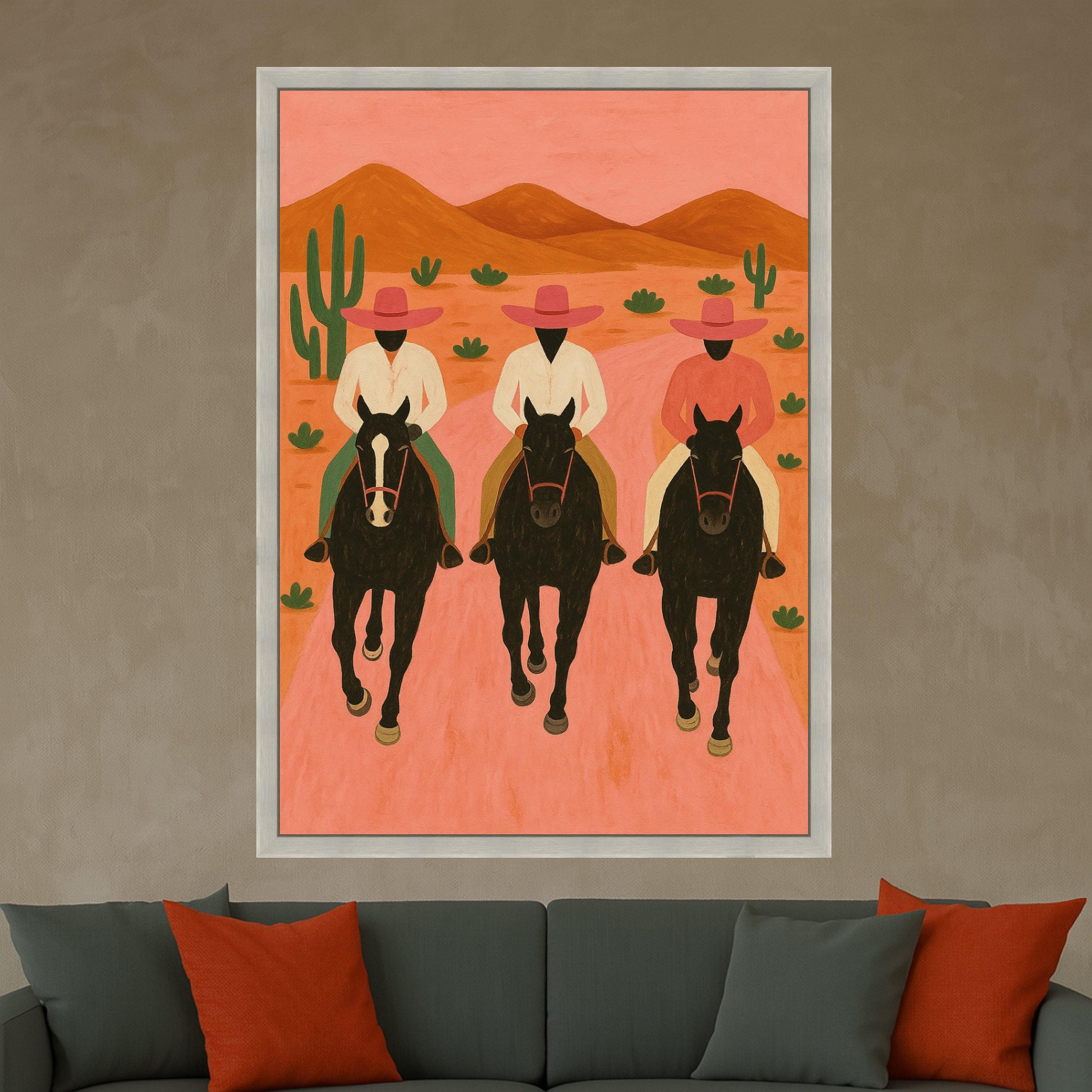 Three Cowboys on Horses Canvas Wall Art, Southwestern Desert Scene, Modern Rustic Home Decor, Cactus Landscape Painting, Ready To Hang,