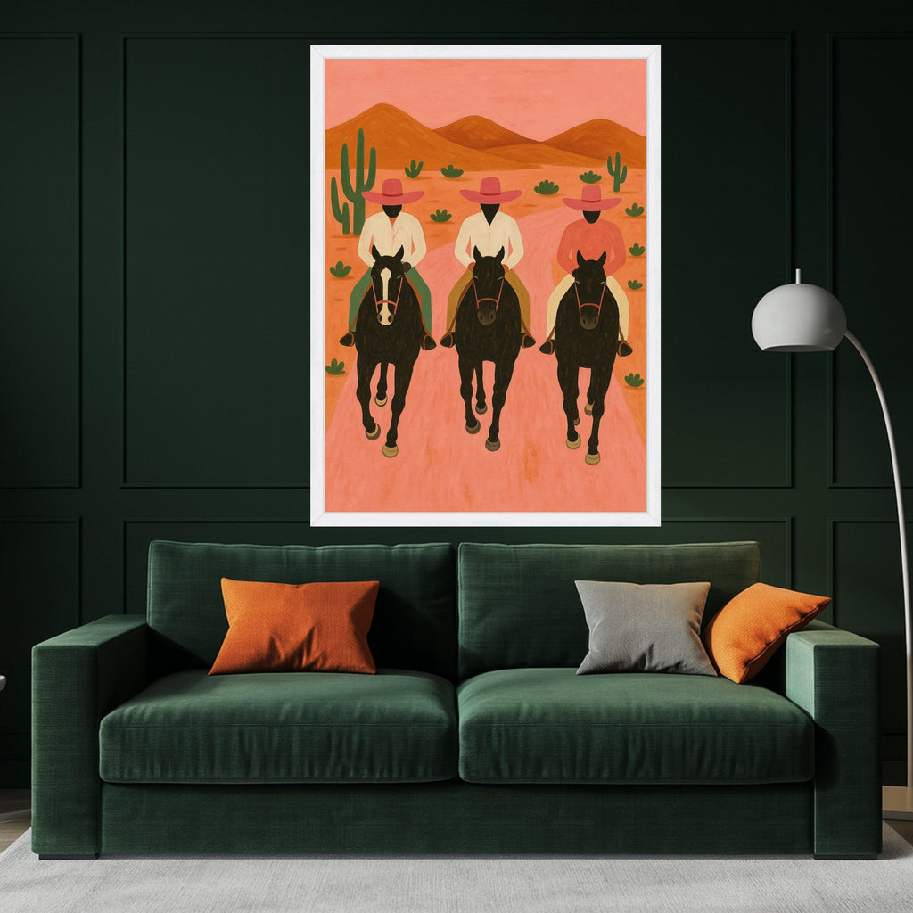 Three Cowboys on Horses Canvas Wall Art, Southwestern Desert Scene, Modern Rustic Home Decor, Cactus Landscape Painting, Ready To Hang,