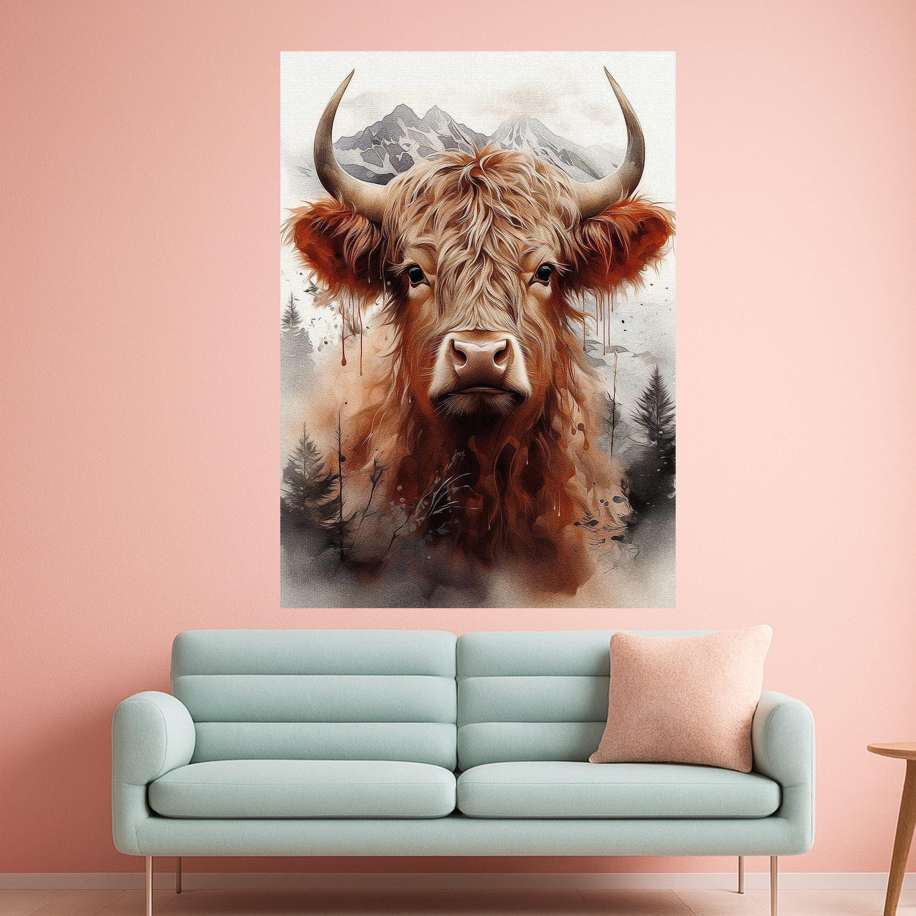 Highland Cow Portrait Canvas, Rustic Animal Wall Art, Mountain Landscape Print, Nature Wildlife Decor, Modern Farmhouse Ready To Hang,