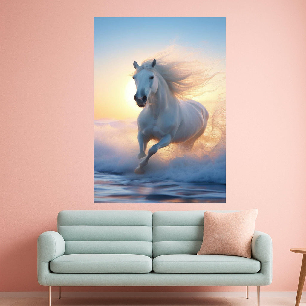 Majestic White Horse Running, Ocean Waves Canvas, Sunset Beach Wall Art, Equestrian Nature Canvas, Dynamic Animal Canvas, Ready To Hang,