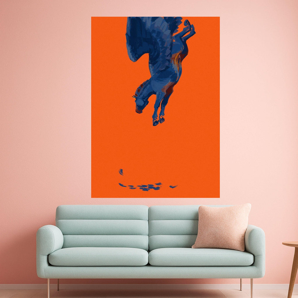 Surreal Blue Pegasus Canvas Art, Mythical Winged Horse Painting, Fantasy Animal Wall Decor, Modern Orange Background Canvas, Ready To Hang,