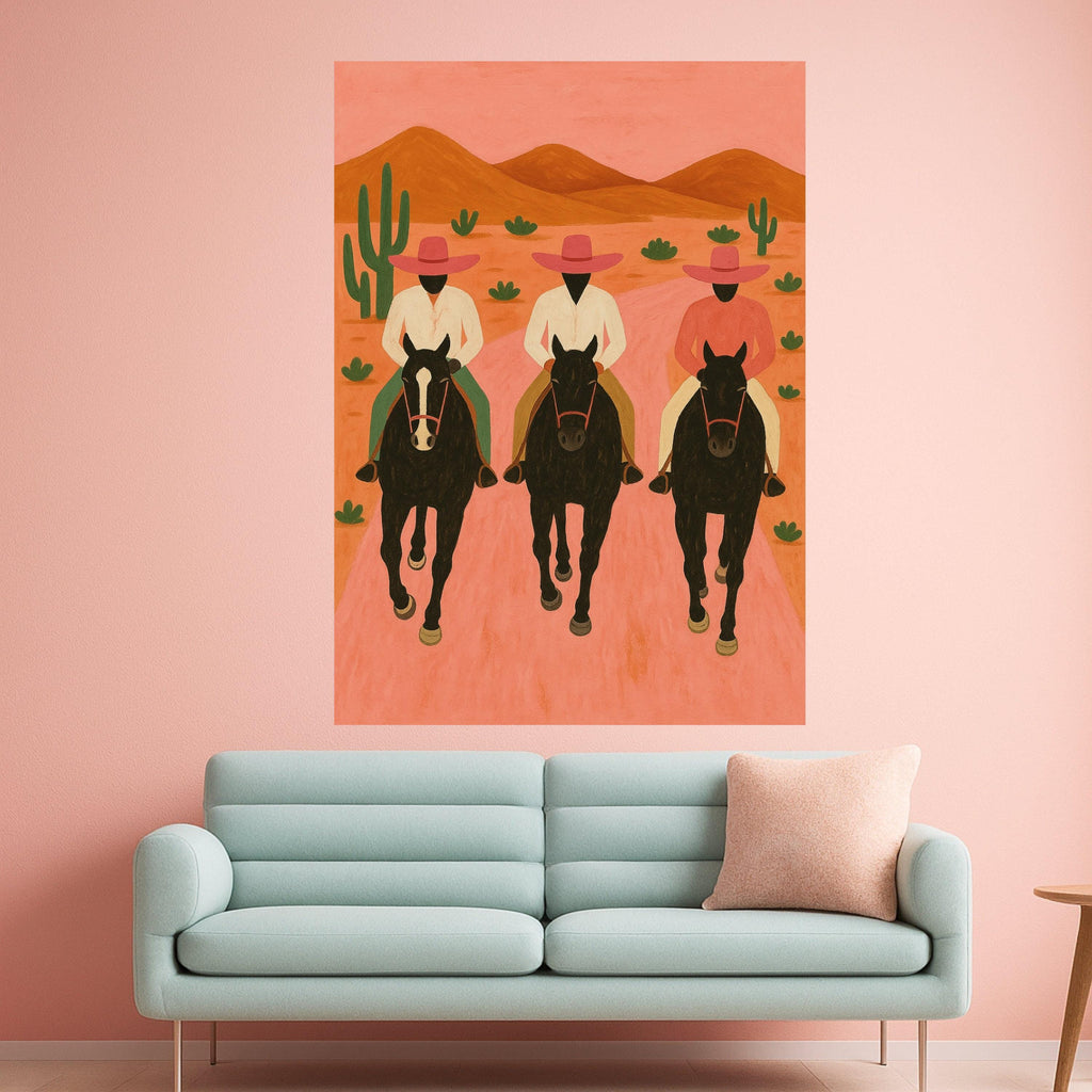 Three Cowboys on Horses Canvas Wall Art, Southwestern Desert Scene, Modern Rustic Home Decor, Cactus Landscape Painting, Ready To Hang,