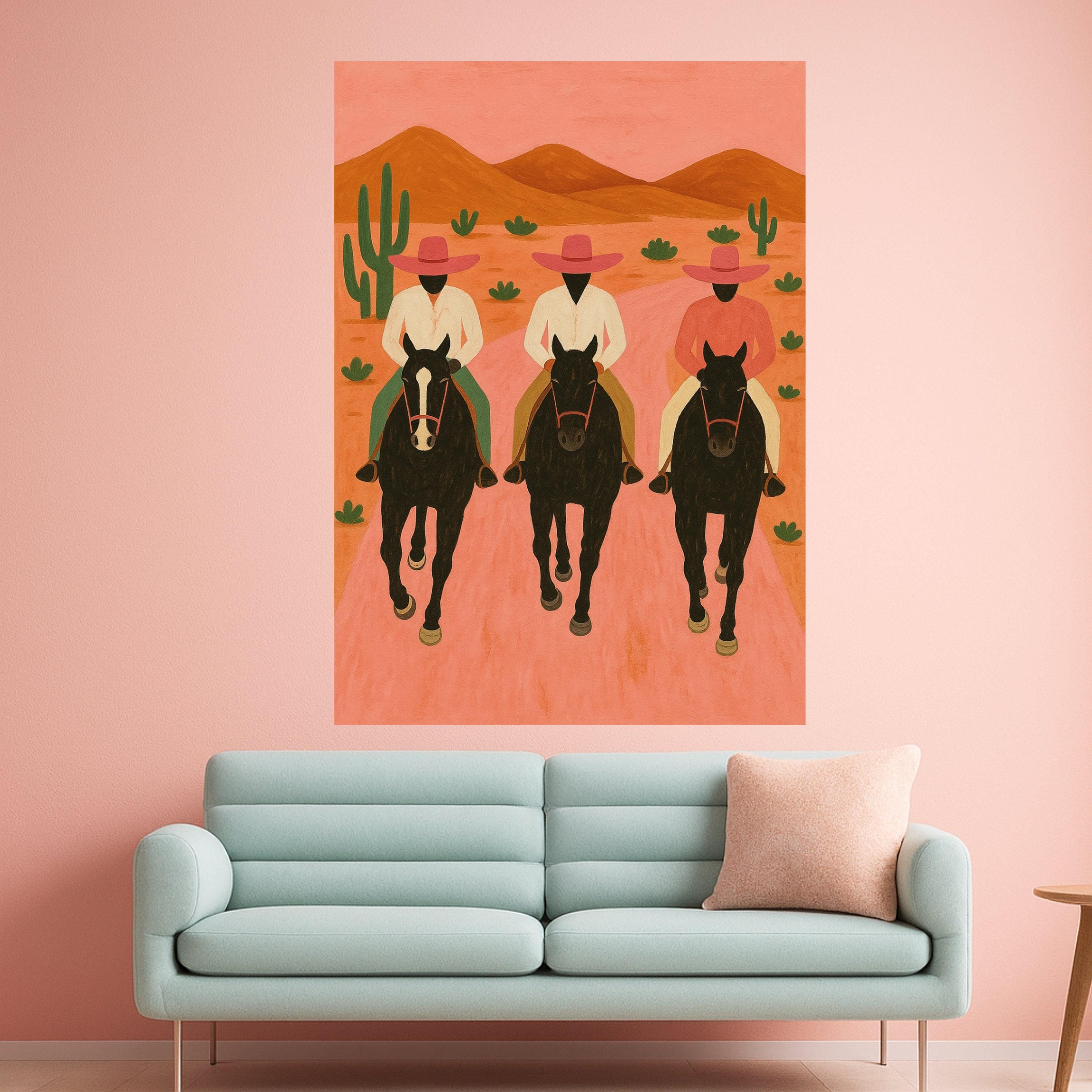 Three Cowboys on Horses Canvas Wall Art, Southwestern Desert Scene, Modern Rustic Home Decor, Cactus Landscape Painting, Ready To Hang,