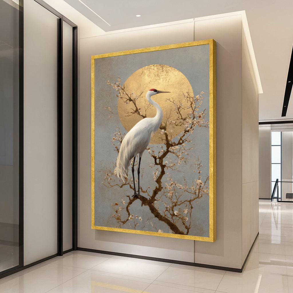 Elegant White Crane Canvas, Blossoming Branch Wall Art, Golden Sunbird Print, Asian Inspired Nature Canvas, Stylish Home Ready To Hang,