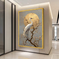Elegant White Crane Canvas, Blossoming Branch Wall Art, Golden Sunbird Print, Asian Inspired Nature Canvas, Stylish Home Ready To Hang,