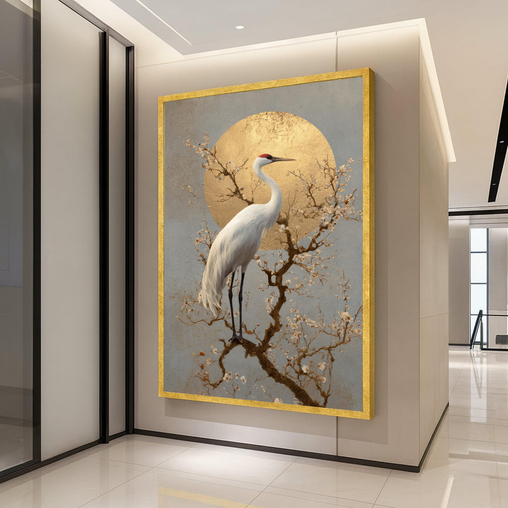 Elegant White Crane Canvas, Blossoming Branch Wall Art, Golden Sunbird Print, Asian Inspired Nature Canvas, Stylish Home Ready To Hang,