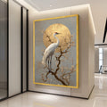 Elegant White Crane Canvas, Blossoming Branch Wall Art, Golden Sunbird Print, Asian Inspired Nature Canvas, Stylish Home Ready To Hang,
