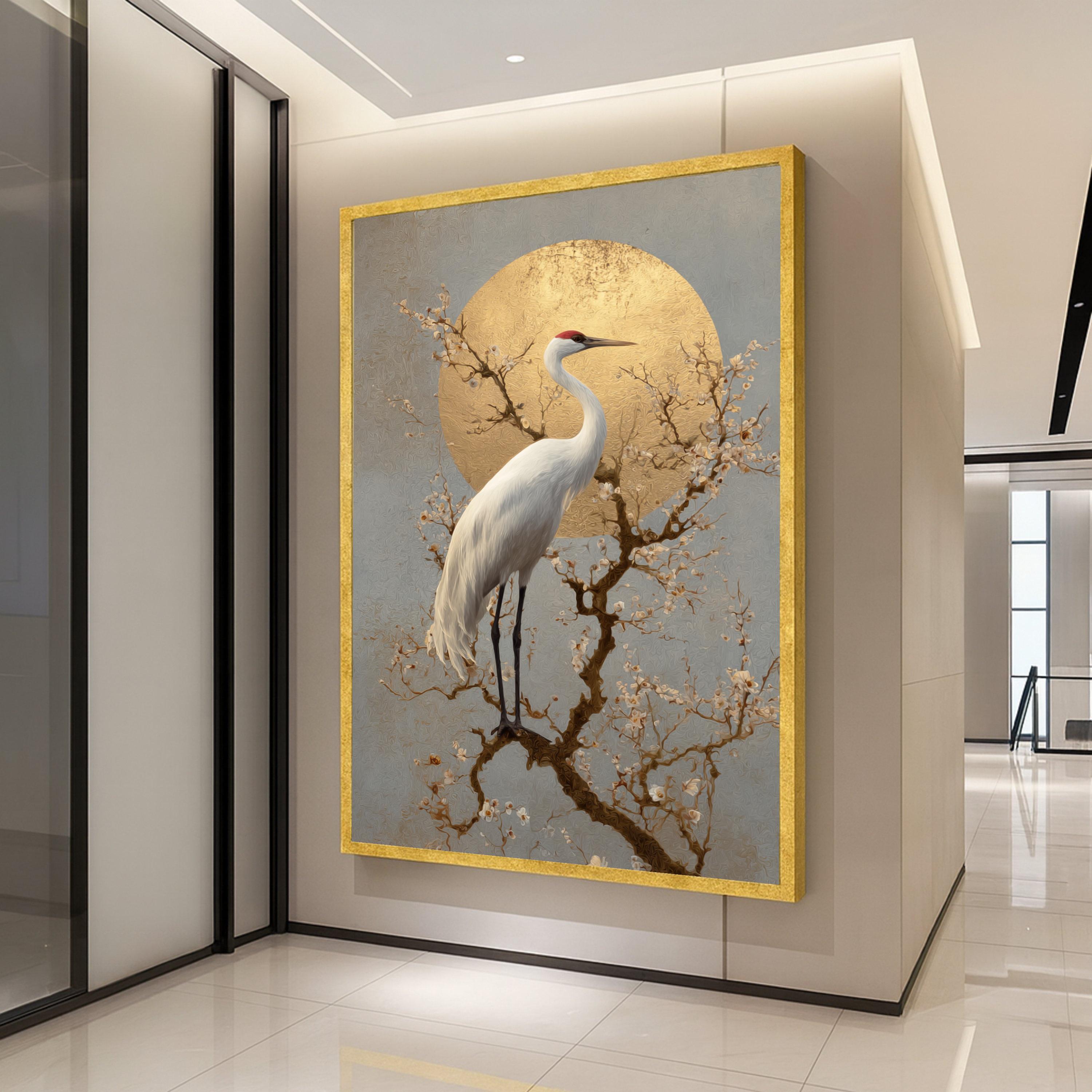 Elegant White Crane Canvas, Blossoming Branch Wall Art, Golden Sunbird Print, Asian Inspired Nature Canvas, Stylish Home Ready To Hang,