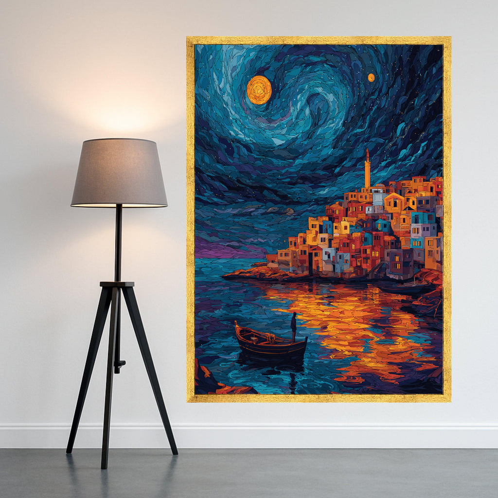 Starry Night Village, Coastal Town Canvas Wall Art, Moonlit Reflection Painting, Colorful Houses by Water, Nautical Home Ready To Hang,