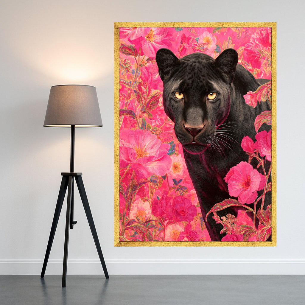 Black Panther Canvas Wall Art, Floral Jungle Animal Portrait, Modern Wildlife Canvas, Vibrant Pink Flower Background, Nature Ready To Hang,