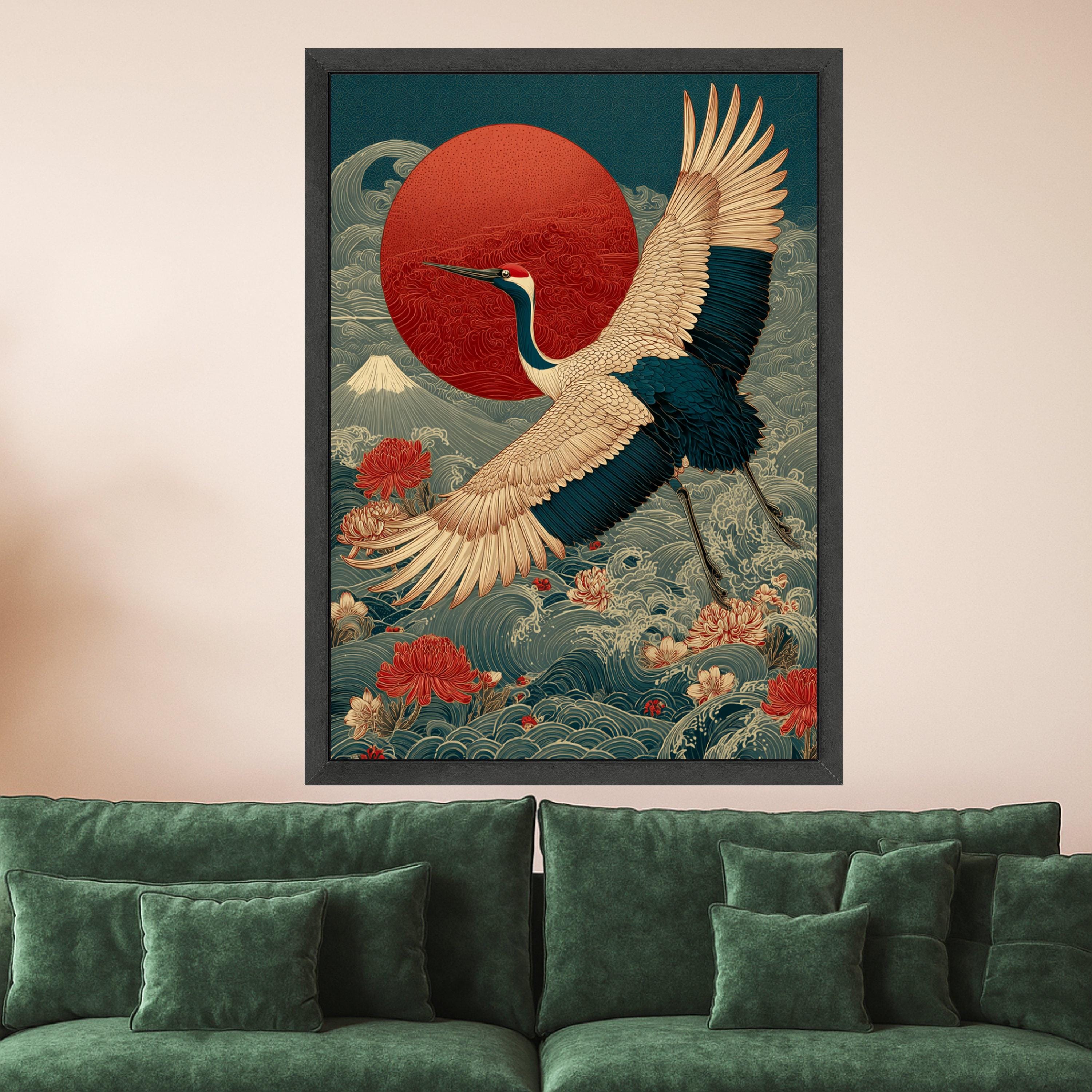 Elegant Crane Bird Canvas Wall Art, Japanese Sunrise and Floral Waves, Traditional Asian Nature Decor, Detailed Wildlife Ready To Hang,