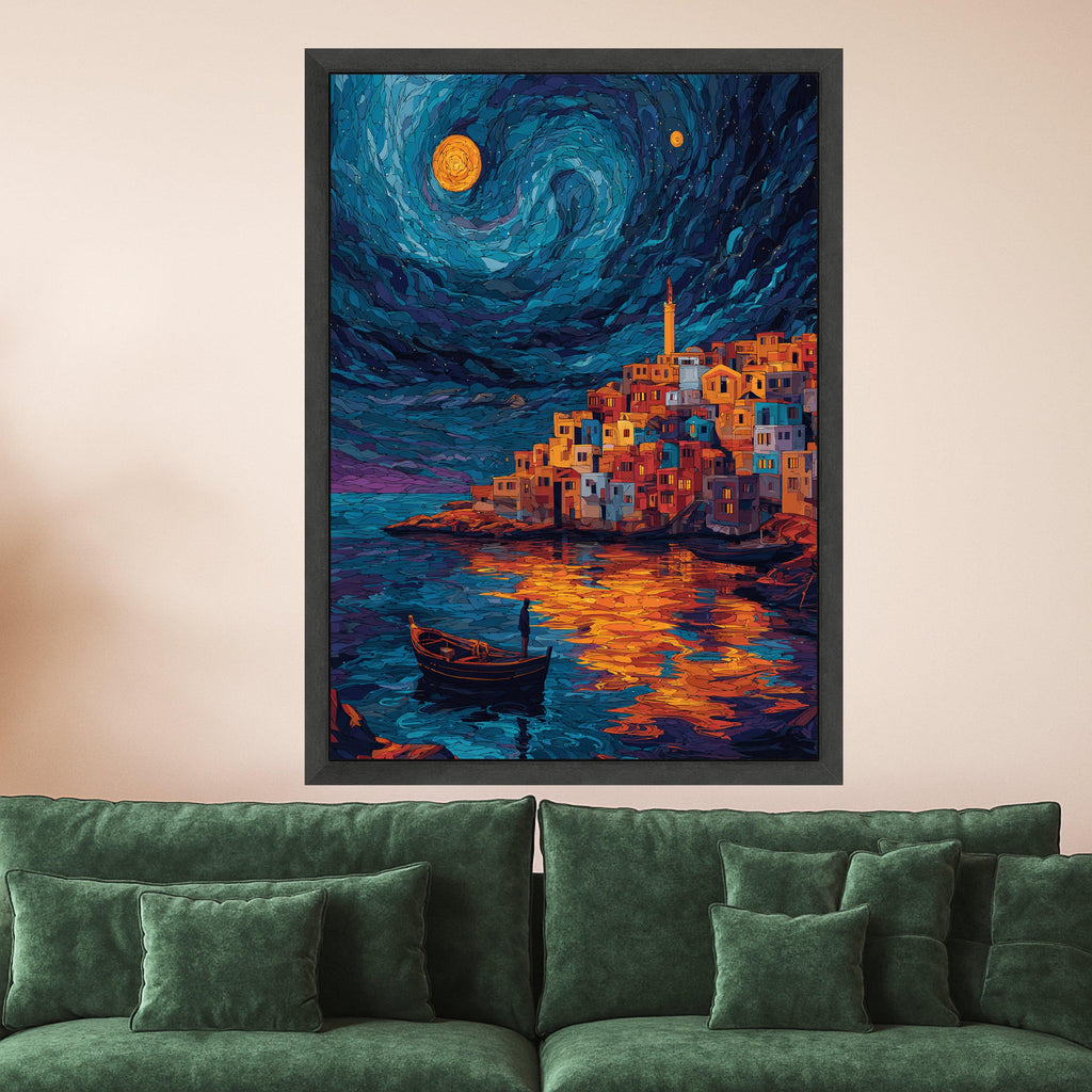 Starry Night Village, Coastal Town Canvas Wall Art, Moonlit Reflection Painting, Colorful Houses by Water, Nautical Home Ready To Hang,