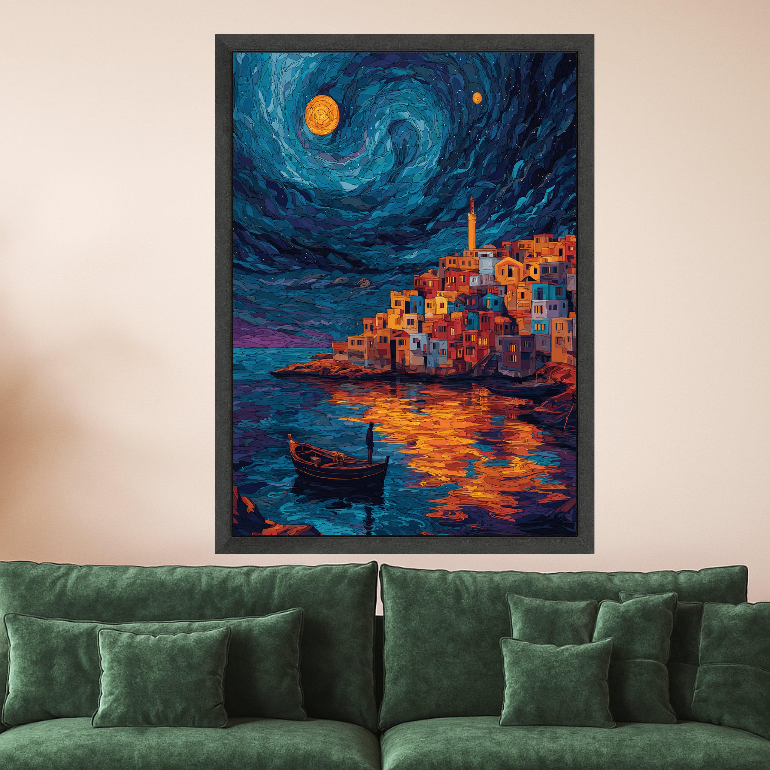 Starry Night Village, Coastal Town Canvas Wall Art, Moonlit Reflection Painting, Colorful Houses by Water, Nautical Home Ready To Hang,