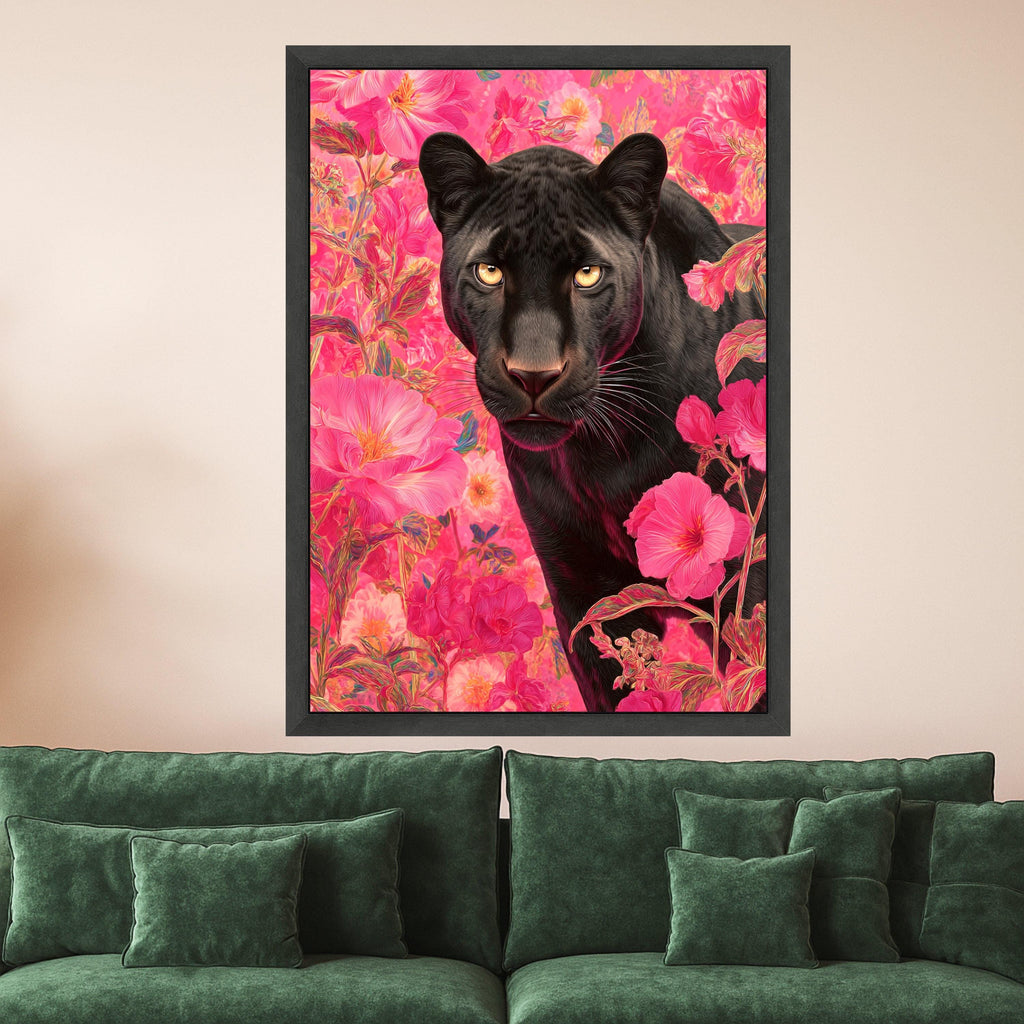 Black Panther Canvas Wall Art, Floral Jungle Animal Portrait, Modern Wildlife Canvas, Vibrant Pink Flower Background, Nature Ready To Hang,