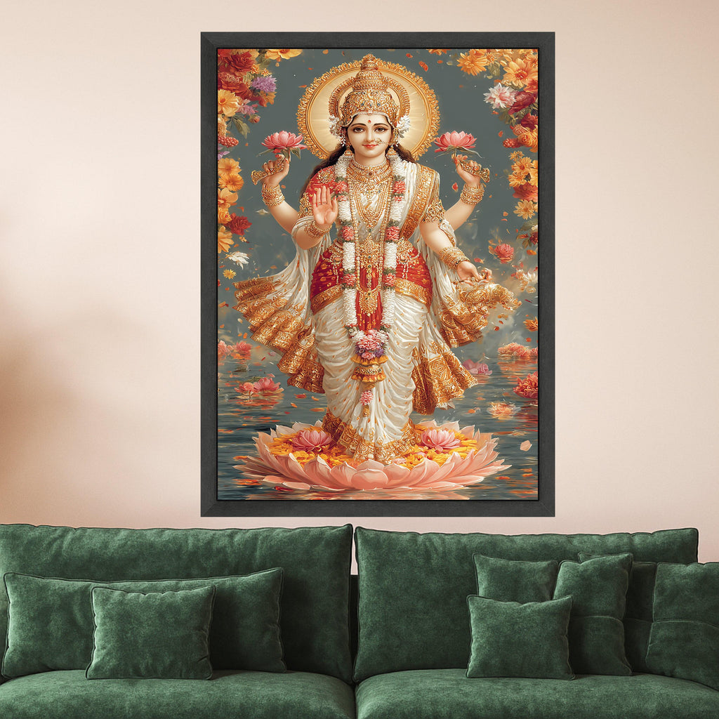 Hindu Goddess Lakshmi Canvas Wall Art, Spiritual Divine Decor, Indian Religious Painting, Floral Lotus Theme, Gold Accent Ready To Hang,