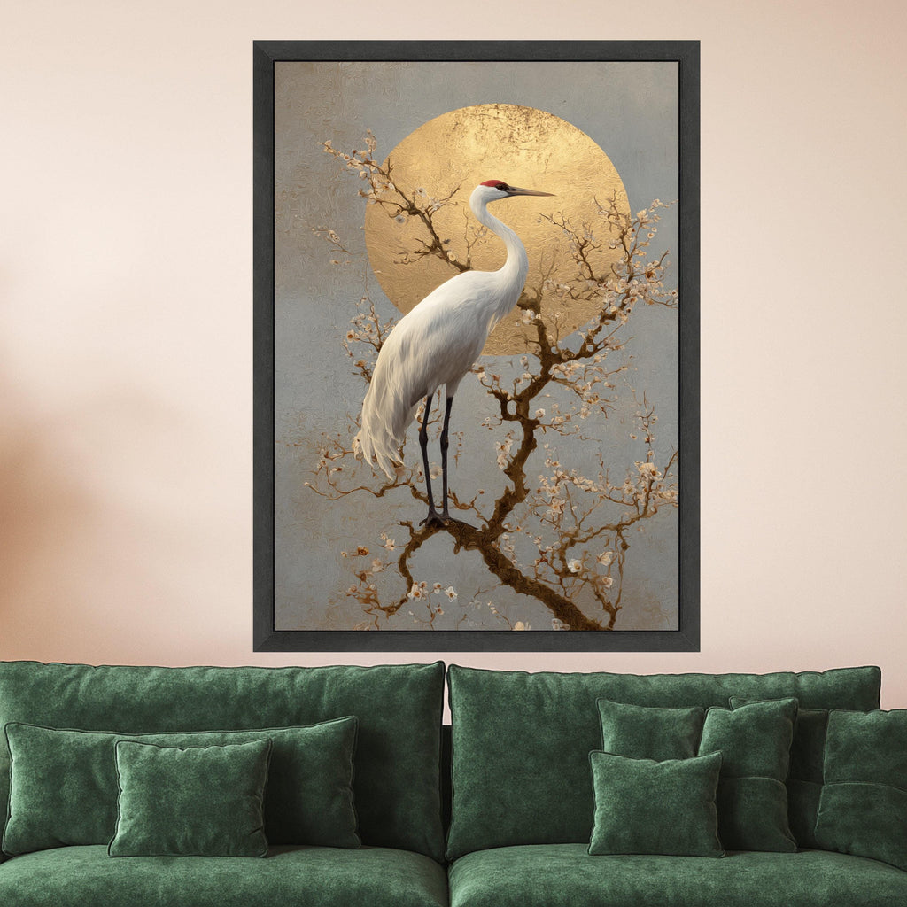 Elegant White Crane Canvas, Blossoming Branch Wall Art, Golden Sunbird Print, Asian Inspired Nature Canvas, Stylish Home Ready To Hang,