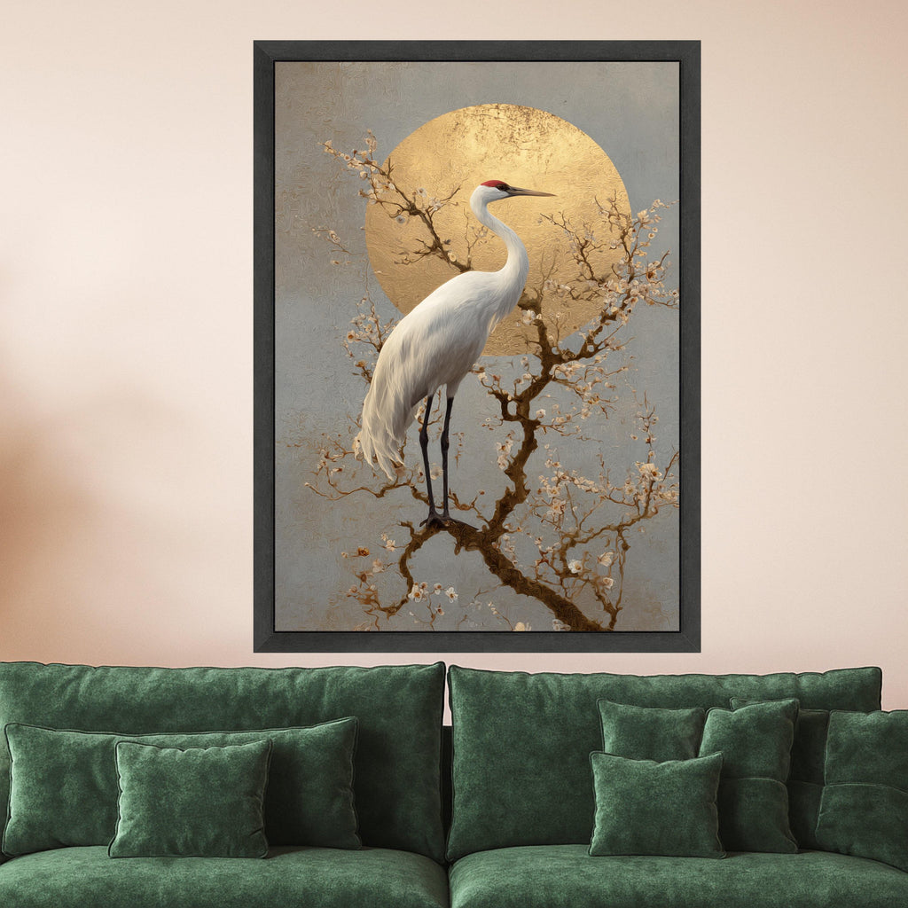 Elegant White Crane Canvas, Blossoming Branch Wall Art, Golden Sunbird Print, Asian Inspired Nature Canvas, Stylish Home Ready To Hang,