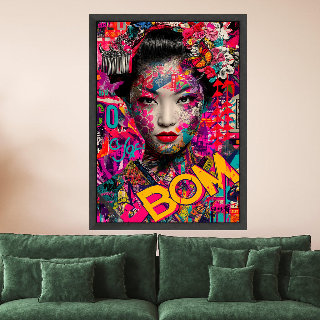 Vibrant Geisha Portrait Canvas, Colorful Floral Butterfly Wall Art, Modern Asian Art Print, Bold Pop Art Design, Ready to Ready To Hang,