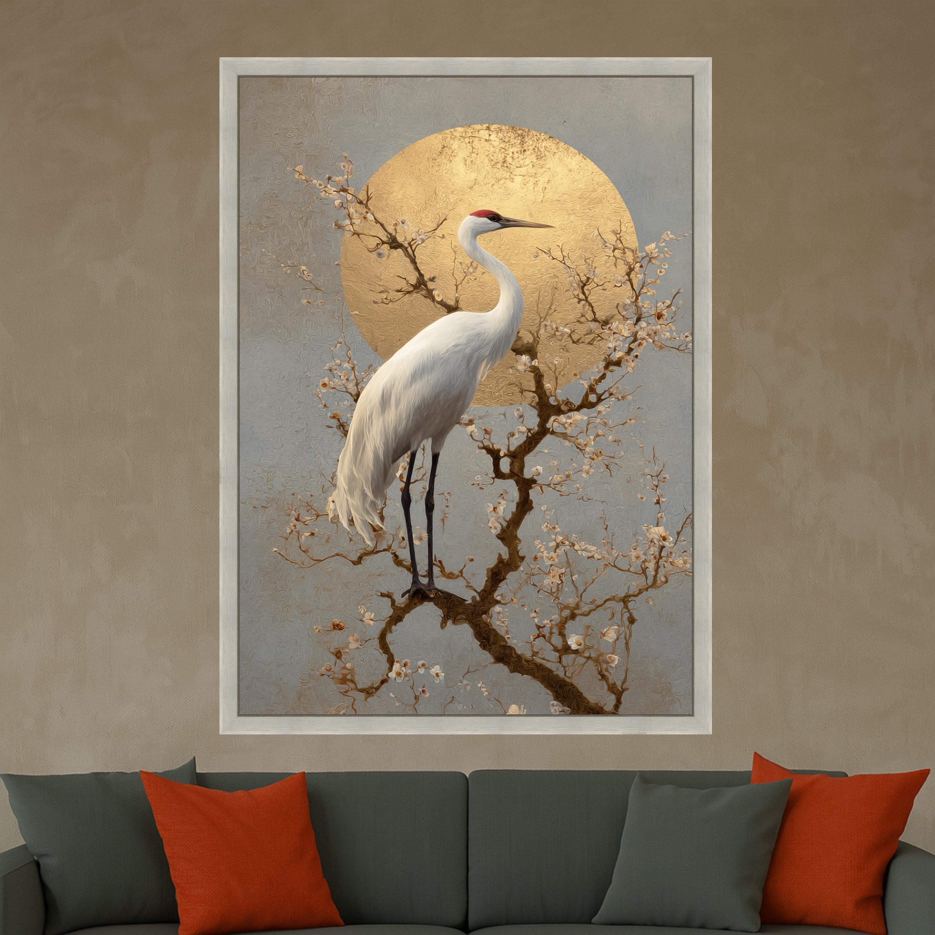 Elegant White Crane Canvas, Blossoming Branch Wall Art, Golden Sunbird Print, Asian Inspired Nature Canvas, Stylish Home Ready To Hang,