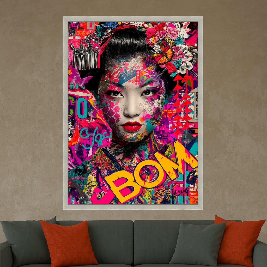 Vibrant Geisha Portrait Canvas, Colorful Floral Butterfly Wall Art, Modern Asian Art Print, Bold Pop Art Design, Ready to Ready To Hang,