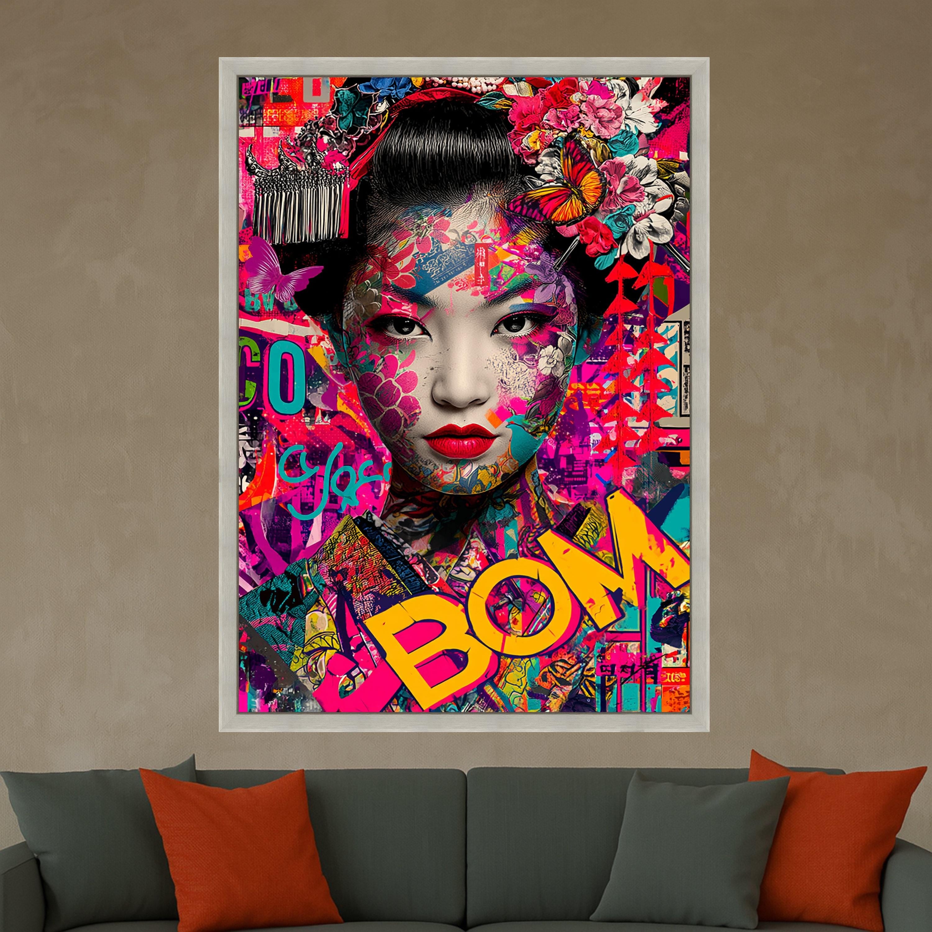 Vibrant Geisha Portrait Canvas, Colorful Floral Butterfly Wall Art, Modern Asian Art Print, Bold Pop Art Design, Ready to Ready To Hang,
