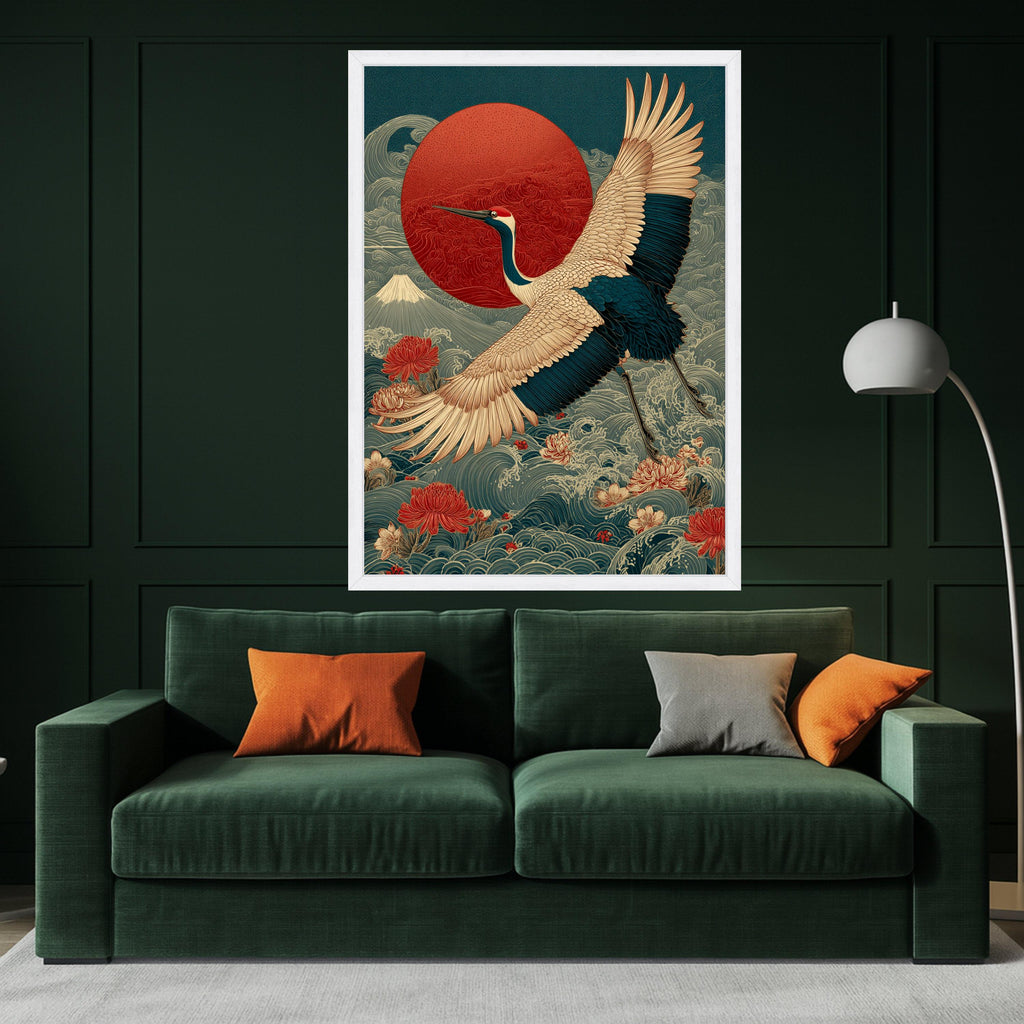 Elegant Crane Bird Canvas Wall Art, Japanese Sunrise and Floral Waves, Traditional Asian Nature Decor, Detailed Wildlife Ready To Hang,