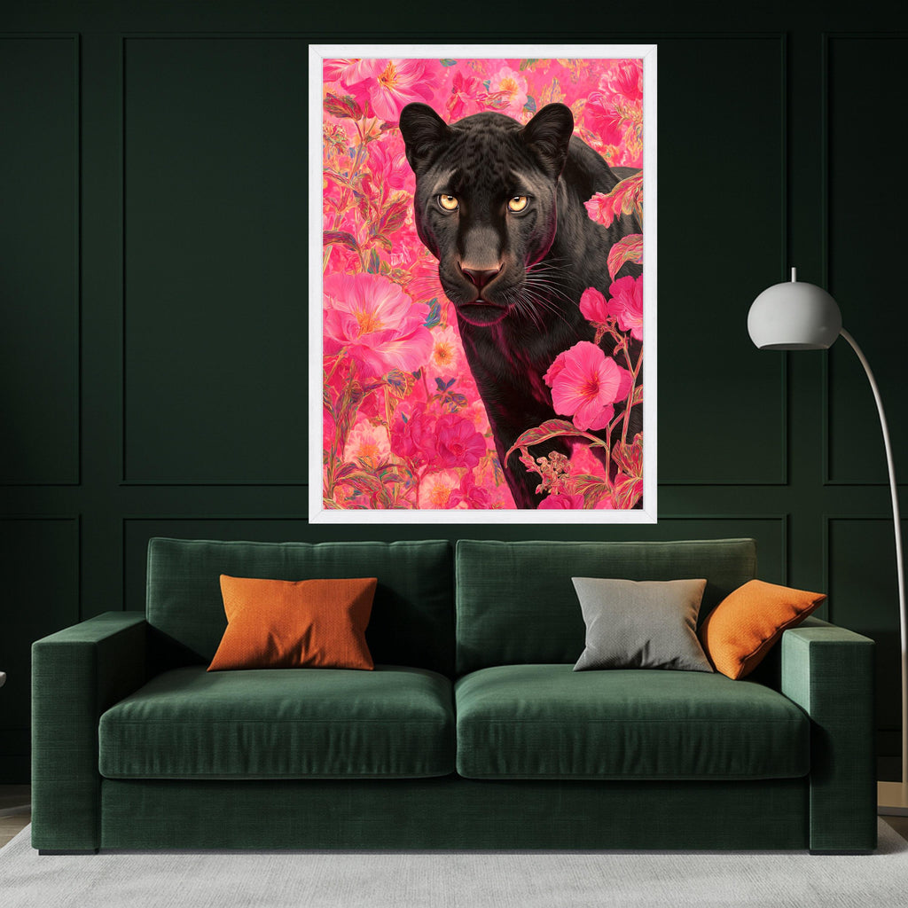 Black Panther Canvas Wall Art, Floral Jungle Animal Portrait, Modern Wildlife Canvas, Vibrant Pink Flower Background, Nature Ready To Hang,