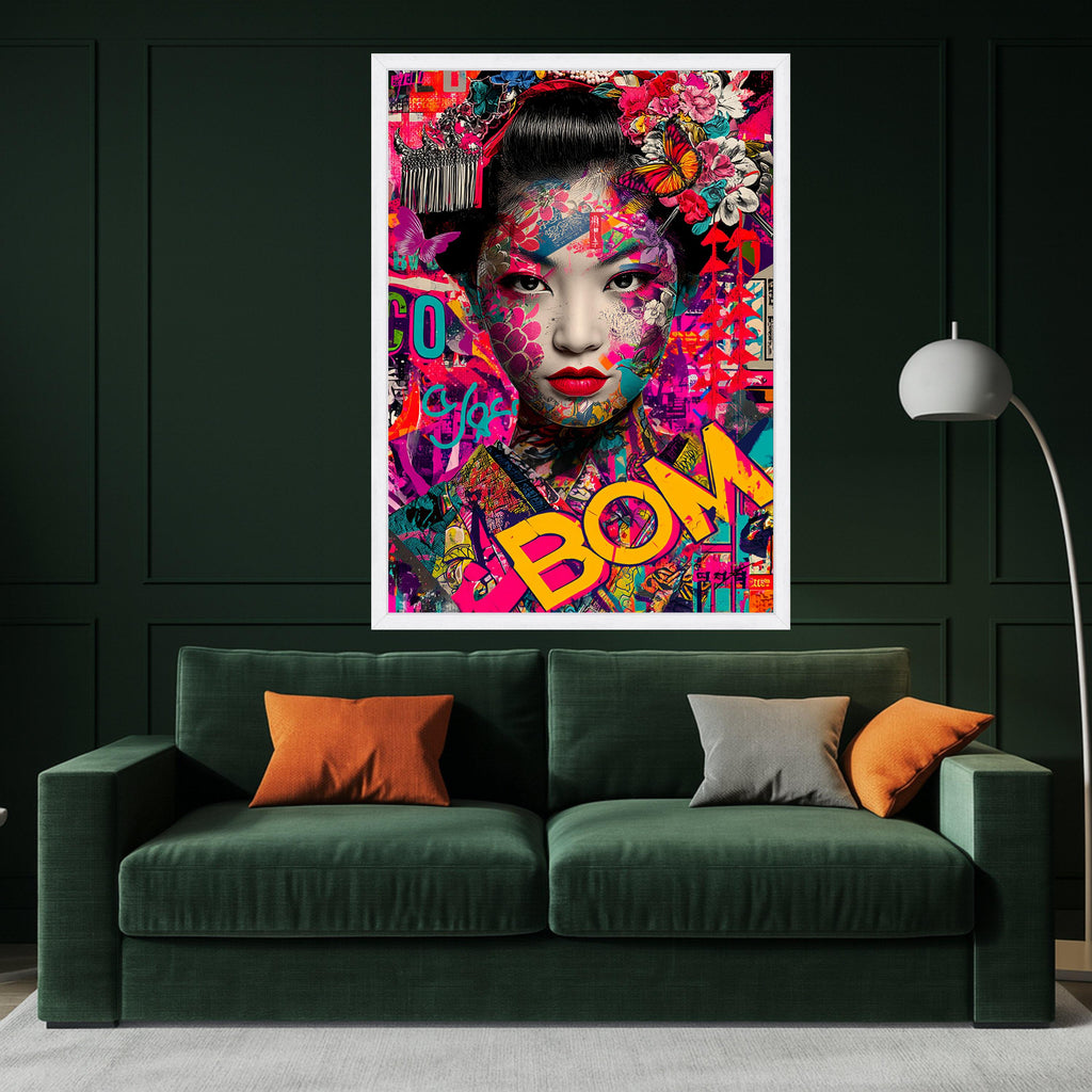 Vibrant Geisha Portrait Canvas, Colorful Floral Butterfly Wall Art, Modern Asian Art Print, Bold Pop Art Design, Ready to Ready To Hang,
