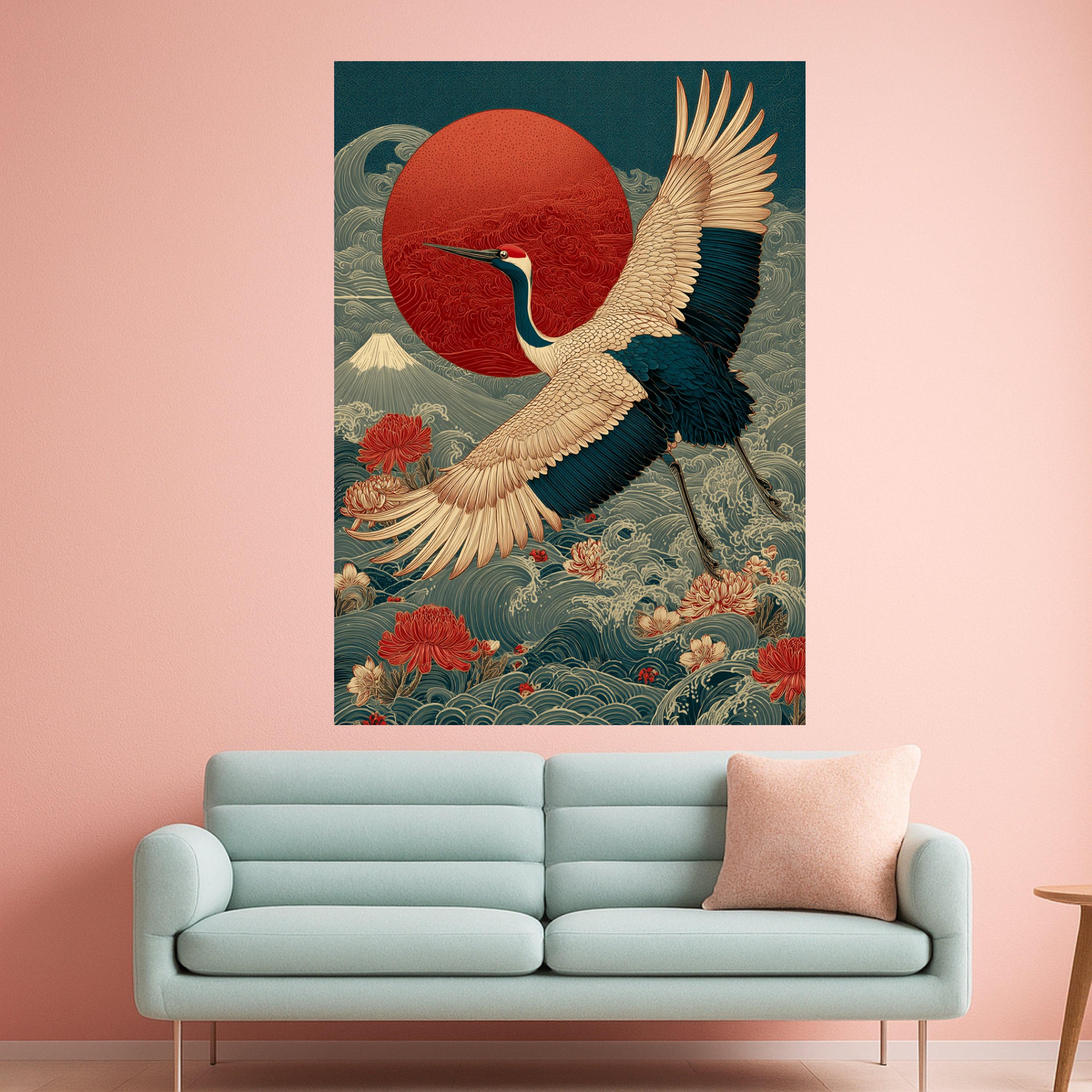 Elegant Crane Bird Canvas Wall Art, Japanese Sunrise and Floral Waves, Traditional Asian Nature Decor, Detailed Wildlife Ready To Hang,
