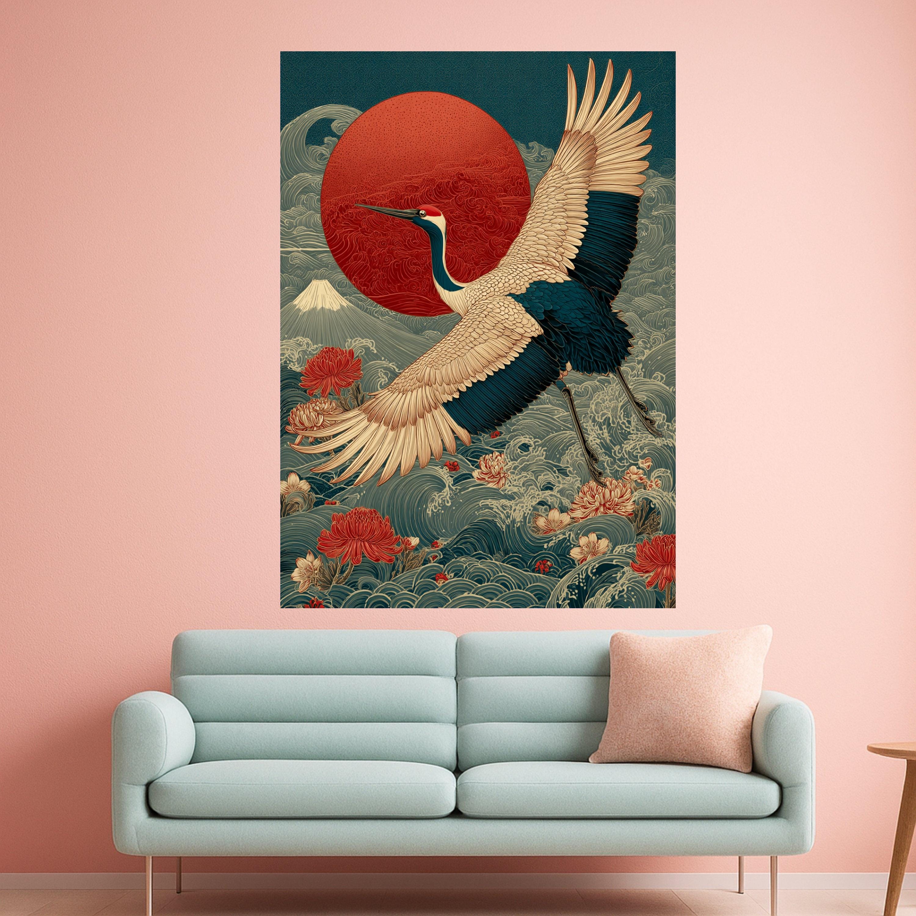 Elegant Crane Bird Canvas Wall Art, Japanese Sunrise and Floral Waves, Traditional Asian Nature Decor, Detailed Wildlife Ready To Hang,