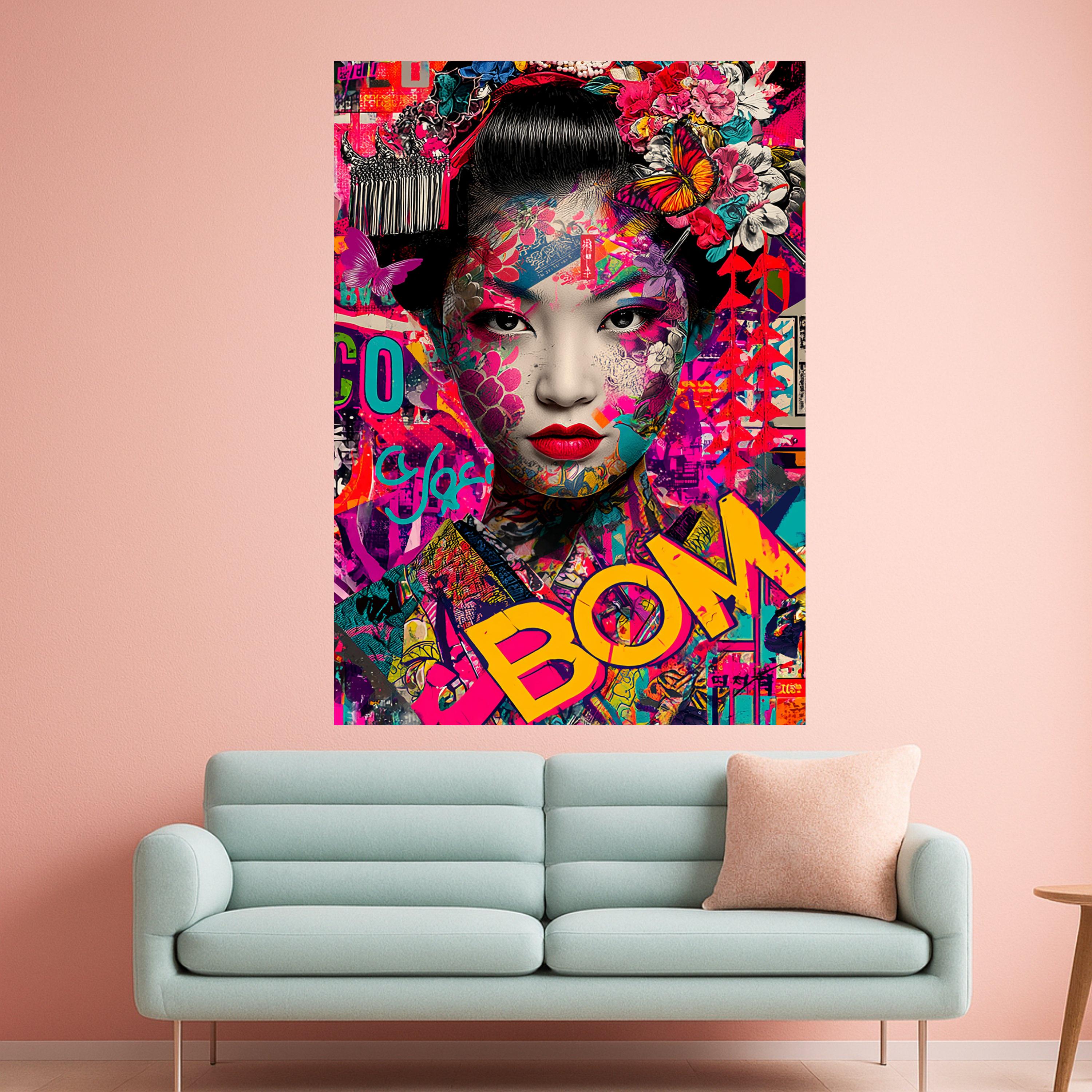 Vibrant Geisha Portrait Canvas, Colorful Floral Butterfly Wall Art, Modern Asian Art Print, Bold Pop Art Design, Ready to Ready To Hang,