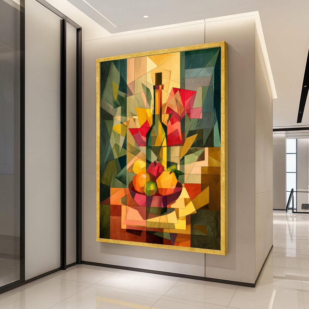Modern Cubist Still Life Canvas, Abstract Fruit Bowl Wall Art, Geometric Wine Bottle Decoration, Colorful Kitchen Canvas Art Ready To Hang,