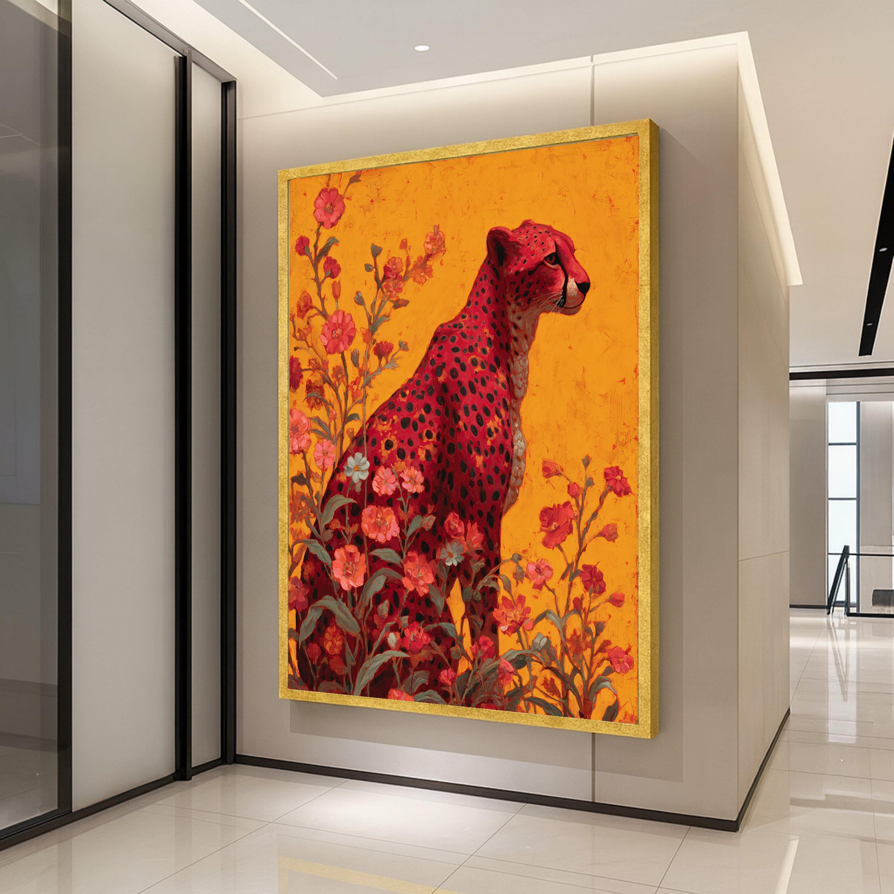 Majestic Red Cheetah Canvas, Floral Nature Wall Art, Vibrant Animal Painting, Modern Jungle Decor, Bold Wildlife Canvas Print Ready To Hang,
