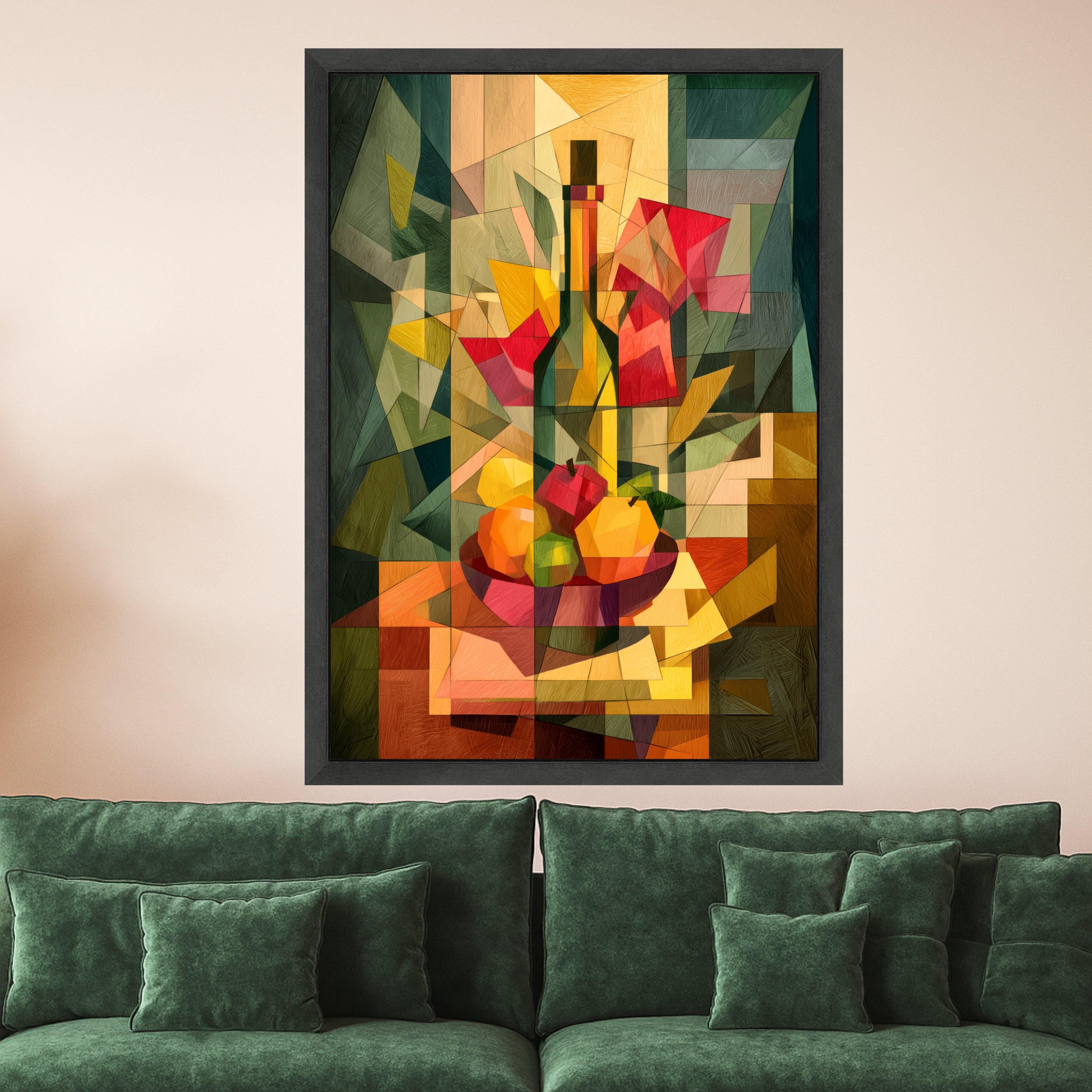 Modern Cubist Still Life Canvas, Abstract Fruit Bowl Wall Art, Geometric Wine Bottle Decoration, Colorful Kitchen Canvas Art Ready To Hang,