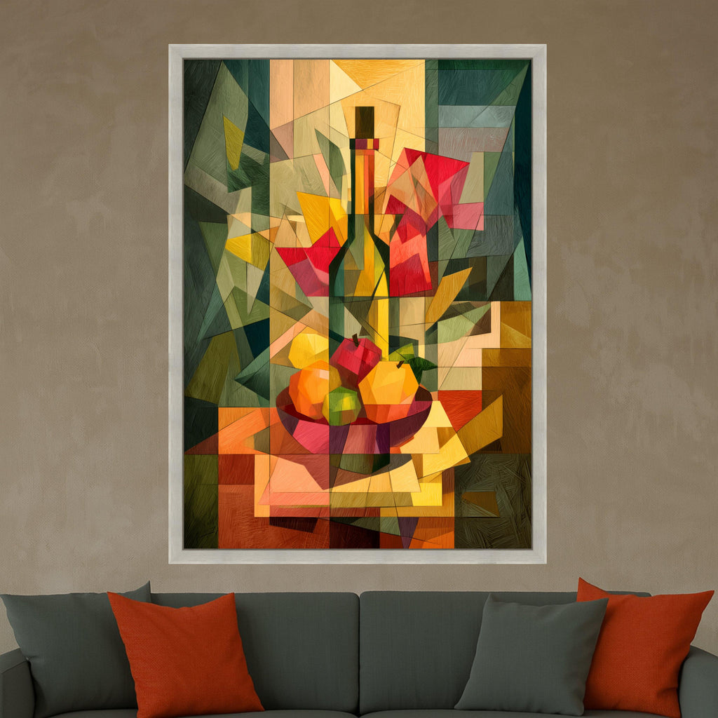 Modern Cubist Still Life Canvas, Abstract Fruit Bowl Wall Art, Geometric Wine Bottle Decoration, Colorful Kitchen Canvas Art Ready To Hang,