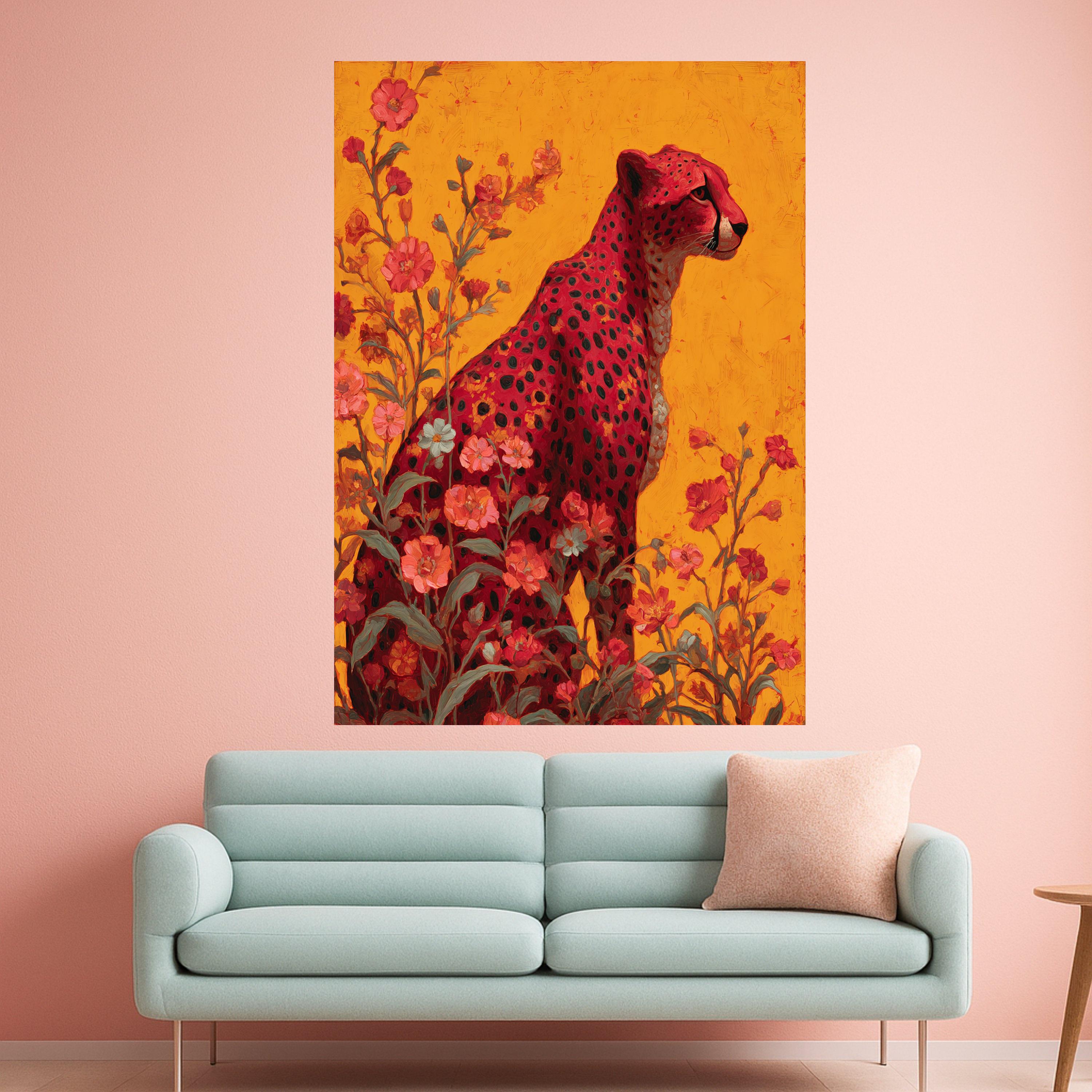 Majestic Red Cheetah Canvas, Floral Nature Wall Art, Vibrant Animal Painting, Modern Jungle Decor, Bold Wildlife Canvas Print Ready To Hang,