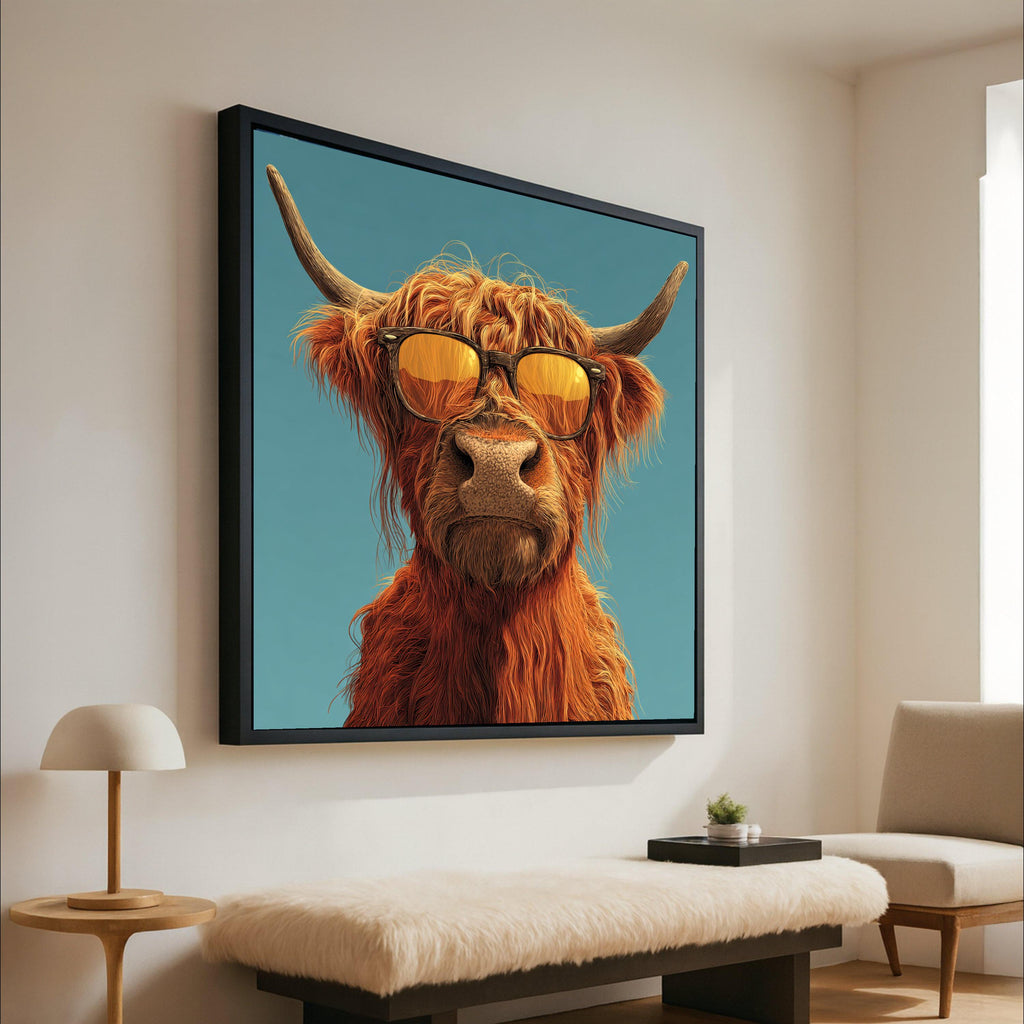 Cool Highland Cow Canvas Wall Art, Sunglasses Animal Portrait, Modern Farmhouse Decor, Funny Animal Canvas, Rustic Home Ready To Hang,