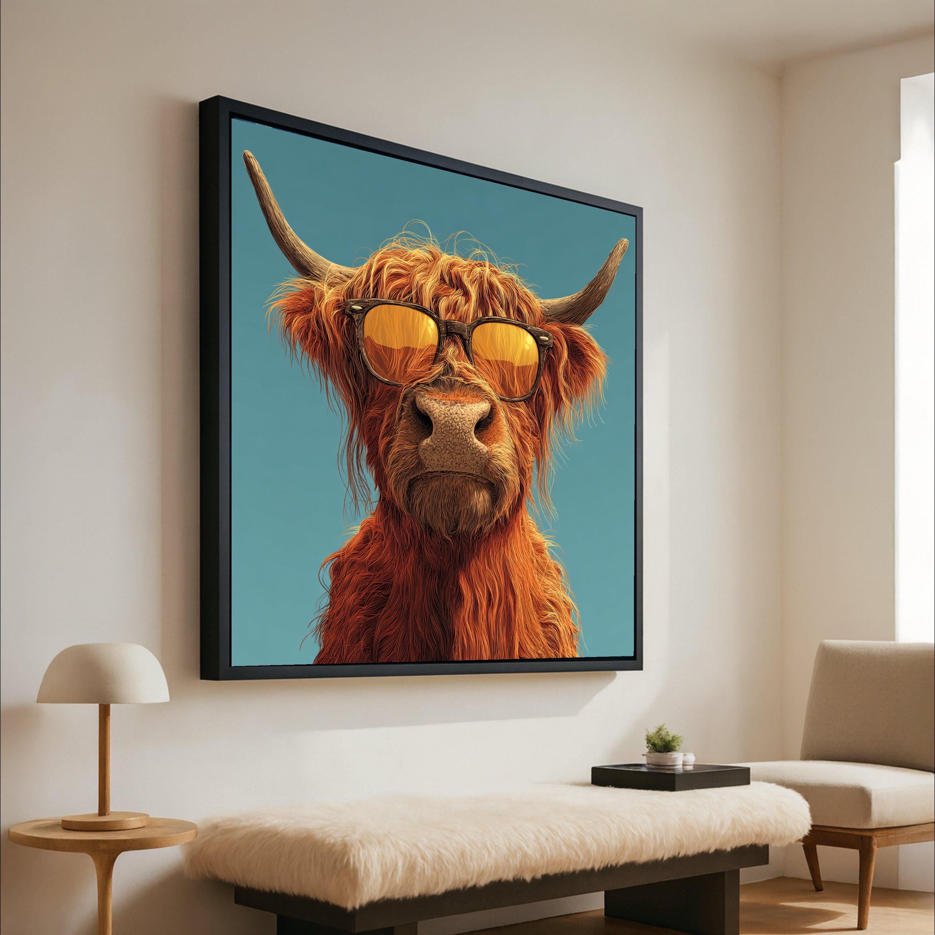 Cool Highland Cow Canvas Wall Art, Sunglasses Animal Portrait, Modern Farmhouse Decor, Funny Animal Canvas, Rustic Home Ready To Hang,